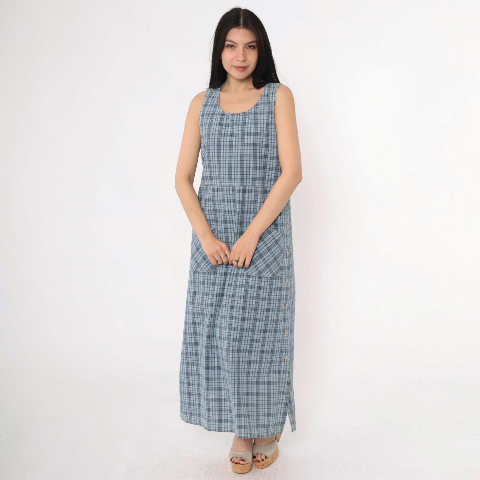 90s Erika & Co Blue Plaid Maxi Jumper Dress Cotton High Waist Medium M
