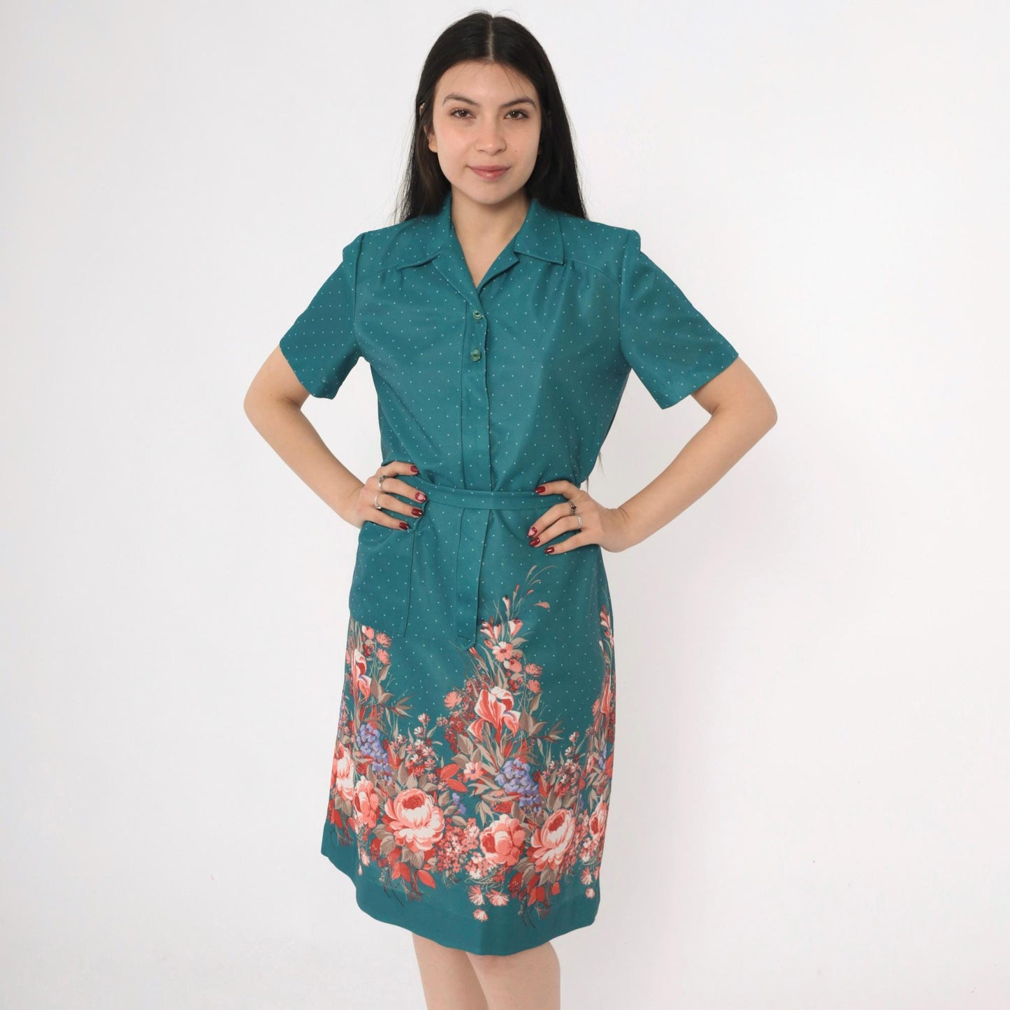 70s Nancy Frock Floral Polka Dot Shift Dress Teal Midi Collared Medium