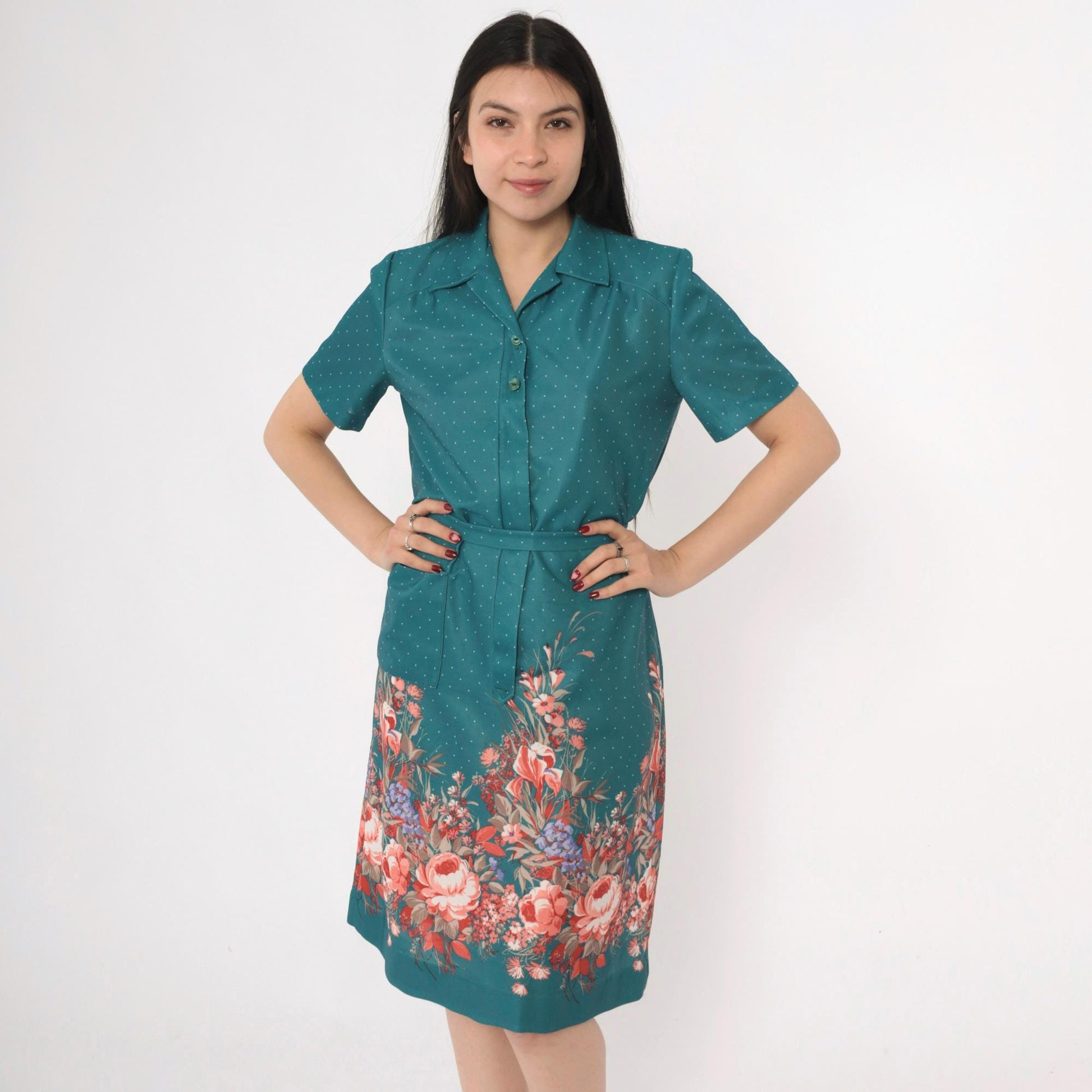 70s Nancy Frock Floral Polka Dot Shift Dress Teal Midi Collared Medium