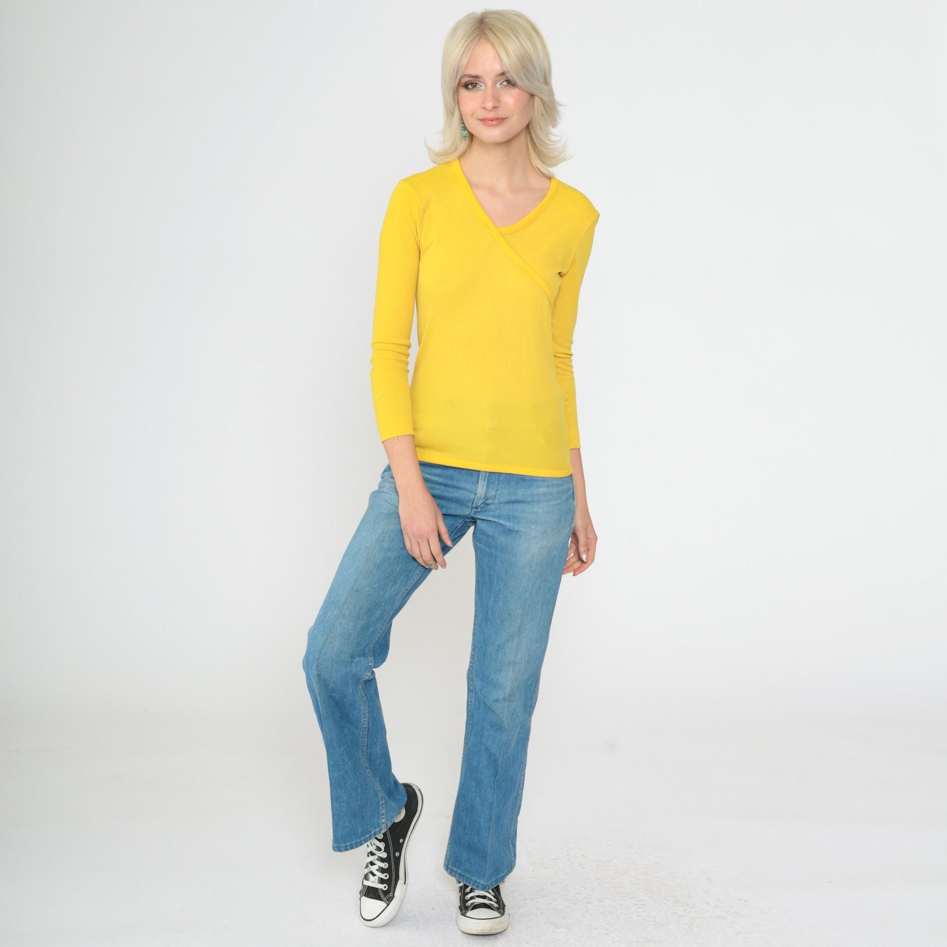 70s Yellow Ribbed Nylon Blouse Asymmetrical Faux Wrap V-Neck Long Sleeve XS