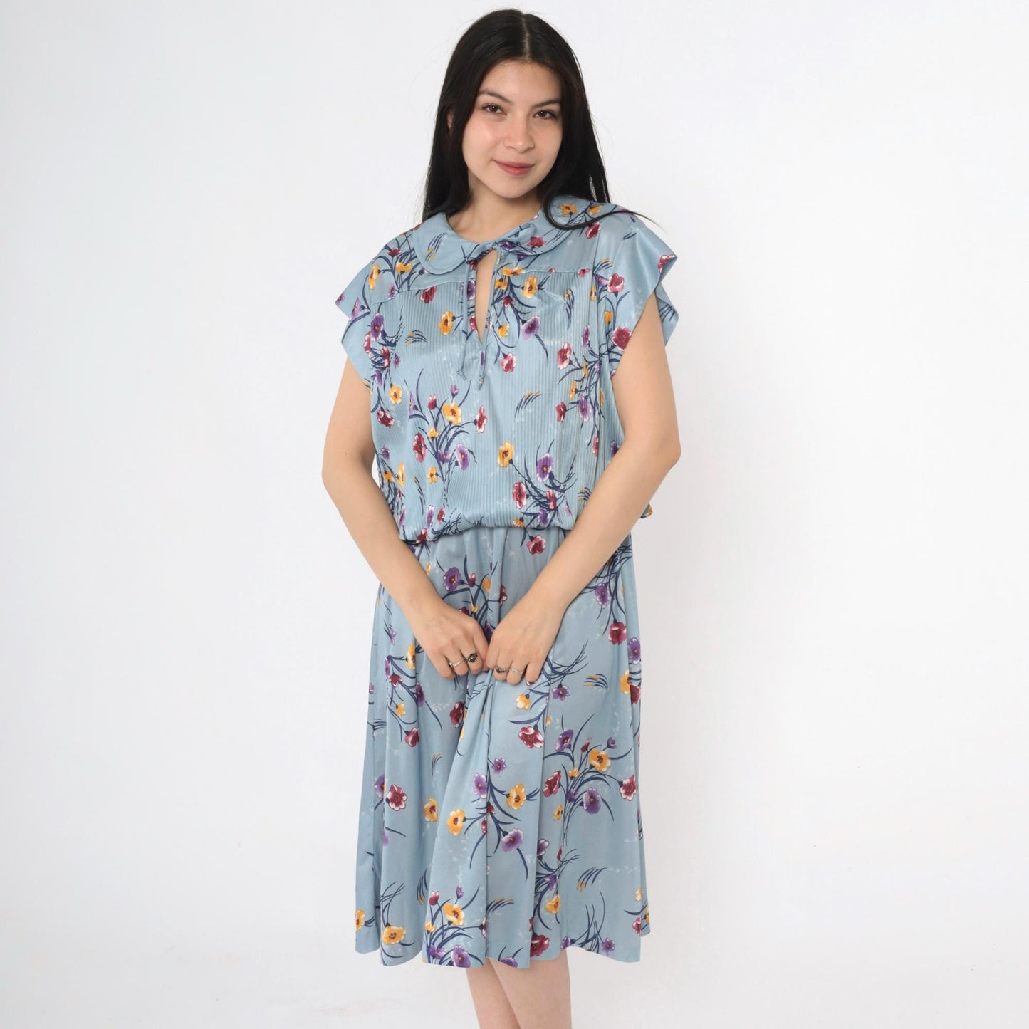 70s Blue Floral Midi Dress High Waist Peter Pan Collar Keyhole Cap Sleeve Extra Large