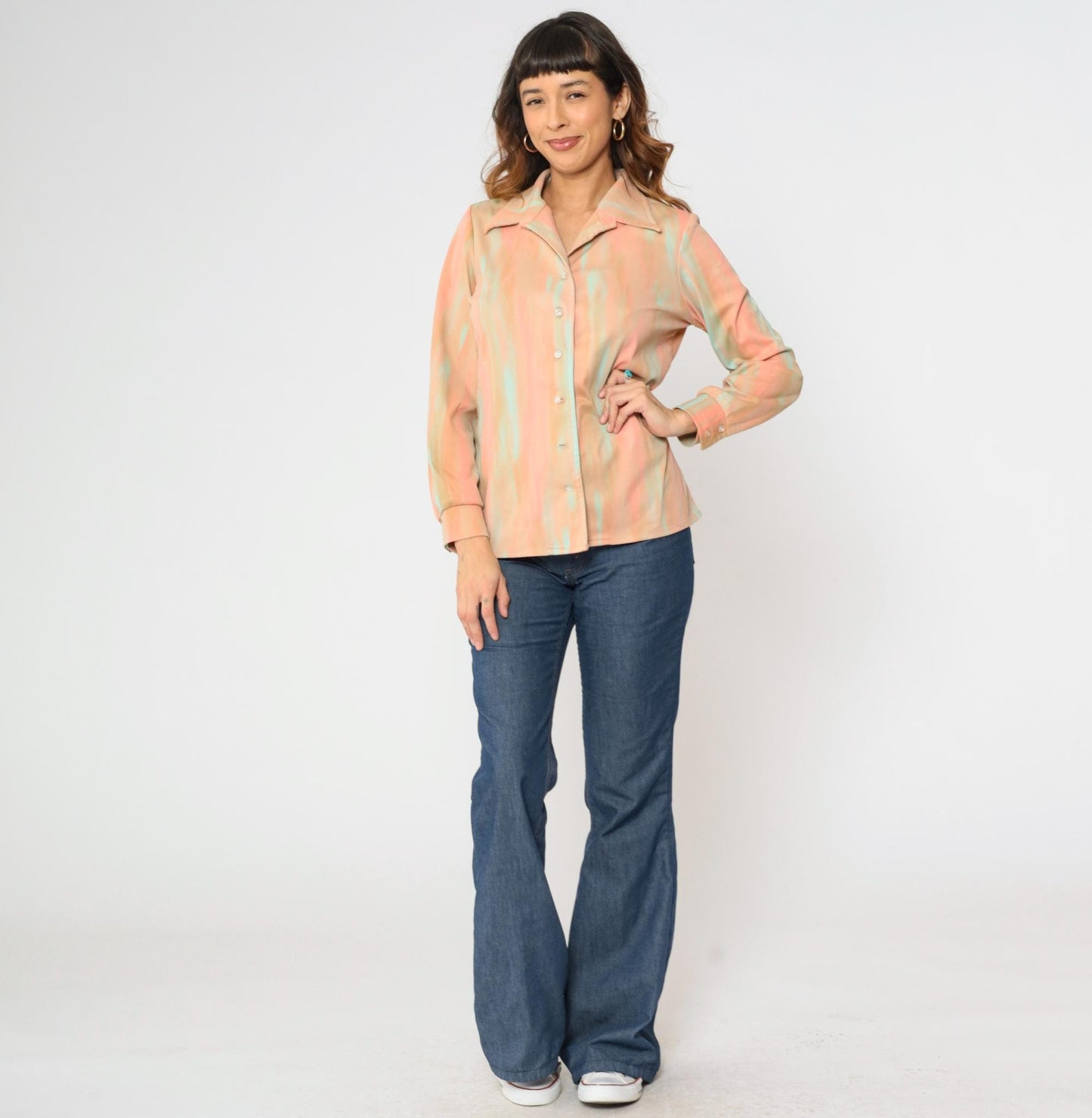 70s Jeanne Durell Abstract Print Button-Up Blouse Peach Aqua Large L