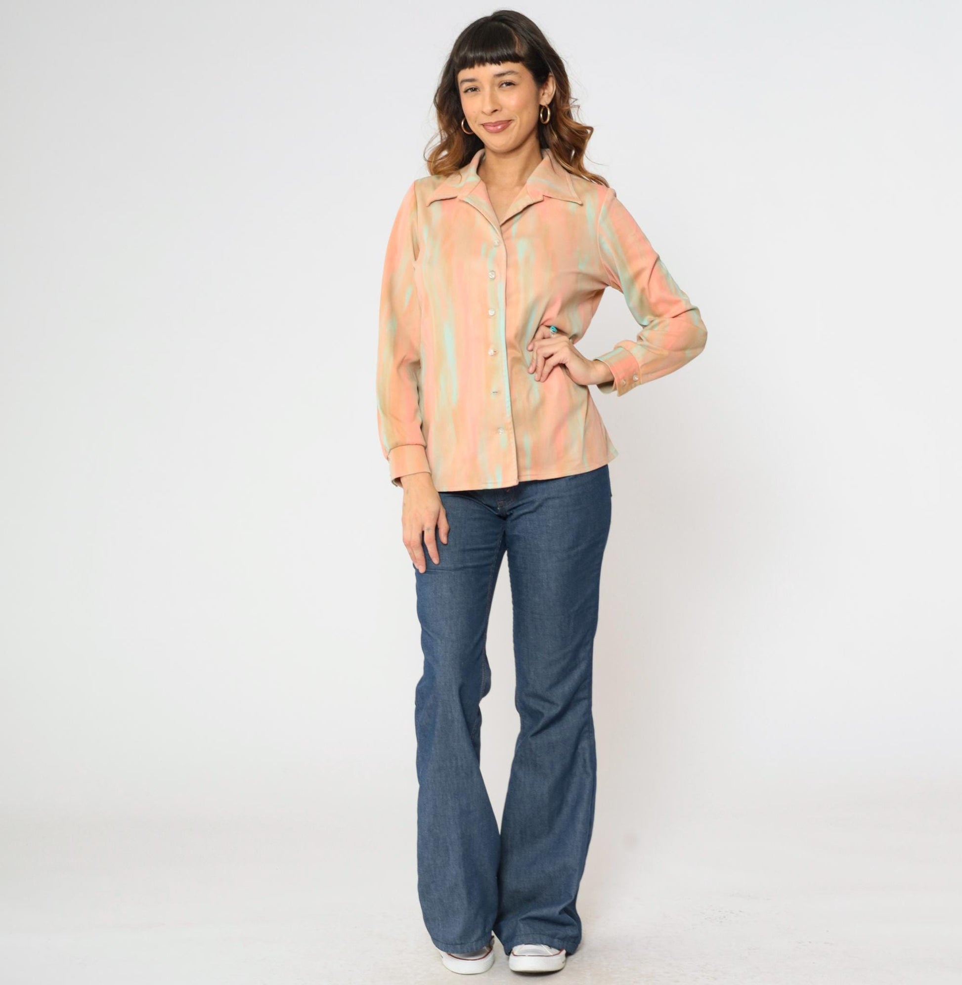70s Jeanne Durell Abstract Print Button-Up Blouse Peach Aqua Large L
