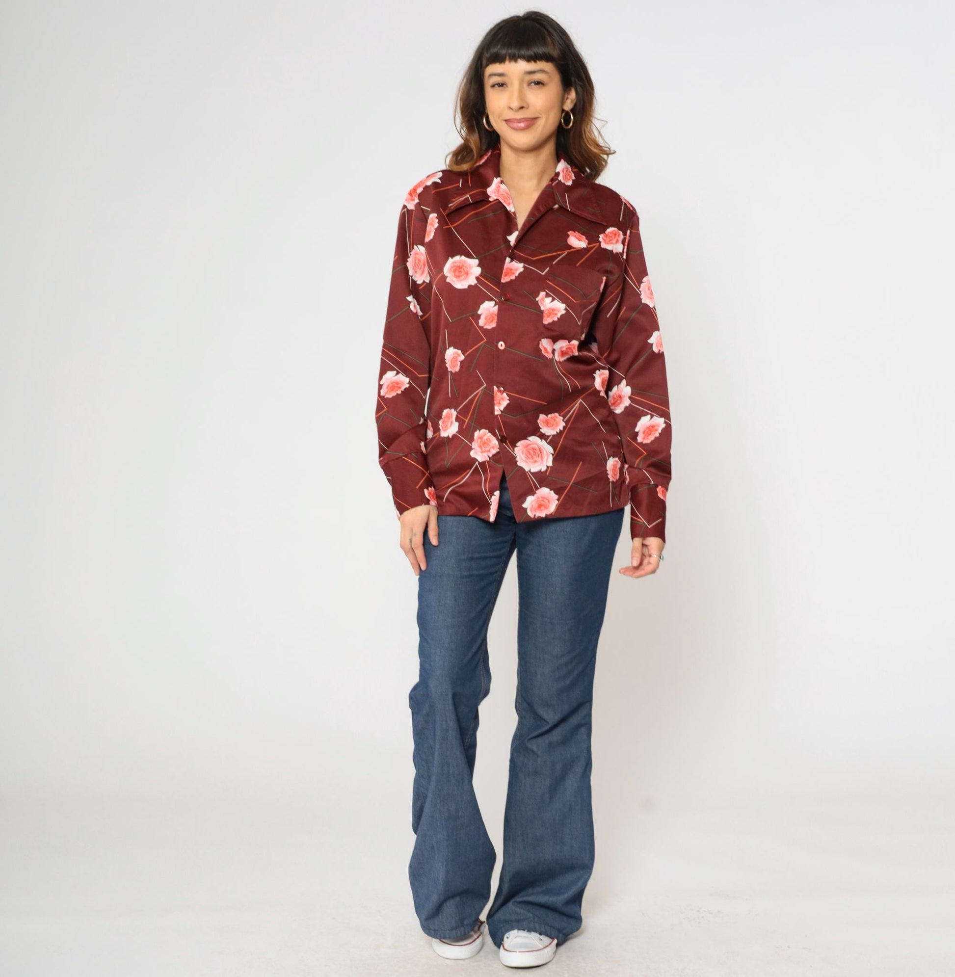 70s Triumph of California Floral Geometric Striped Button Up Shirt Maroon Medium
