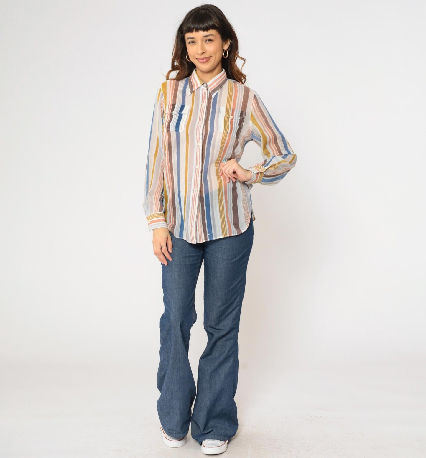 70s Tannerway Striped Button Up Shirt Sheer Earth Tone Long Sleeve Large