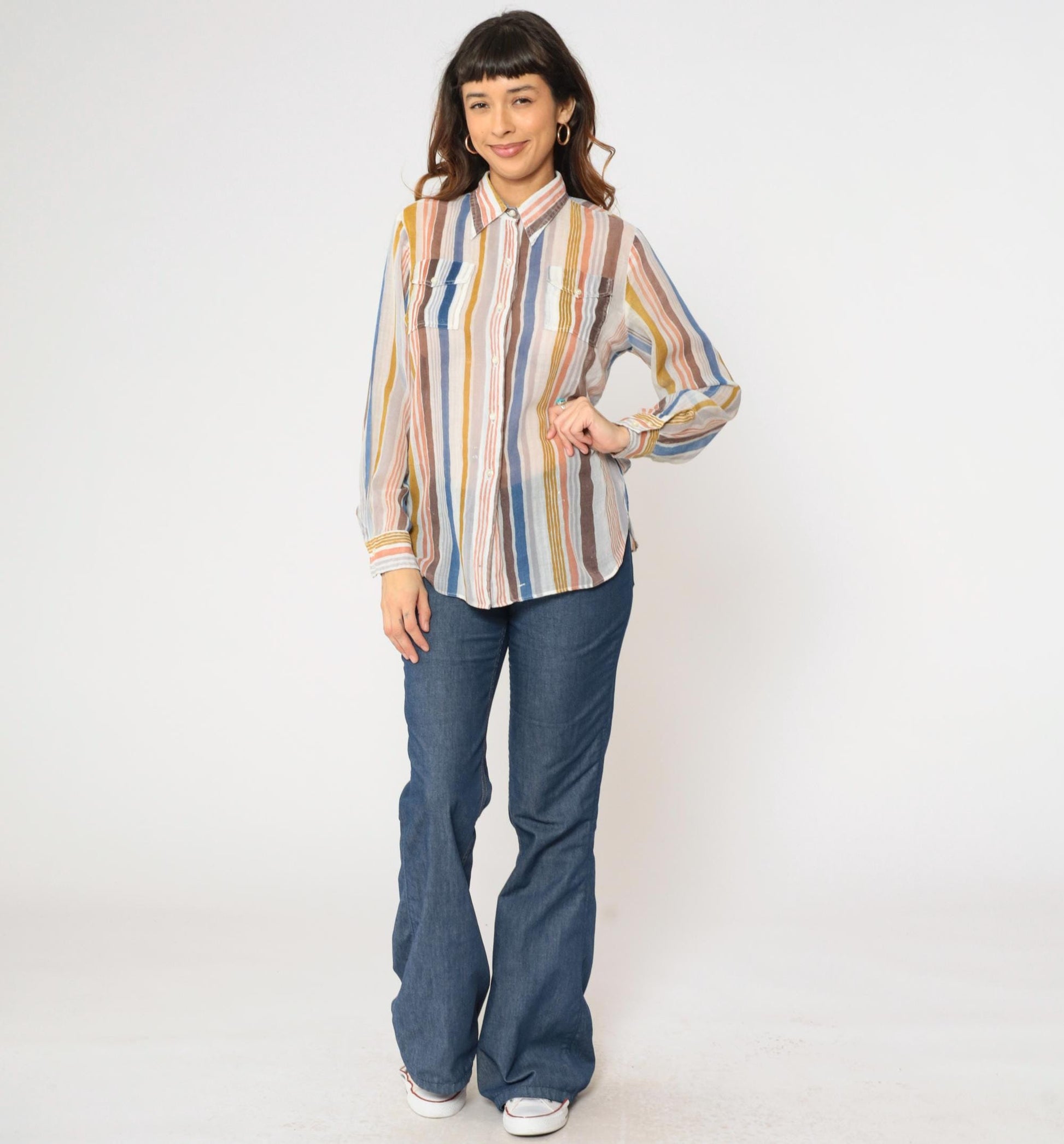 70s Tannerway Striped Button Up Shirt Sheer Earth Tone Long Sleeve Large
