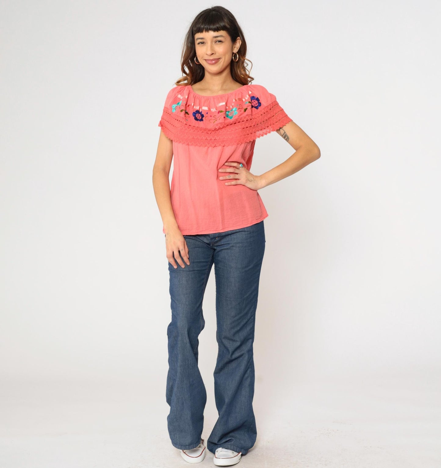 90s Coral Mexican Peasant Blouse Floral Embroidered Off-Shoulder Gauze Top Small