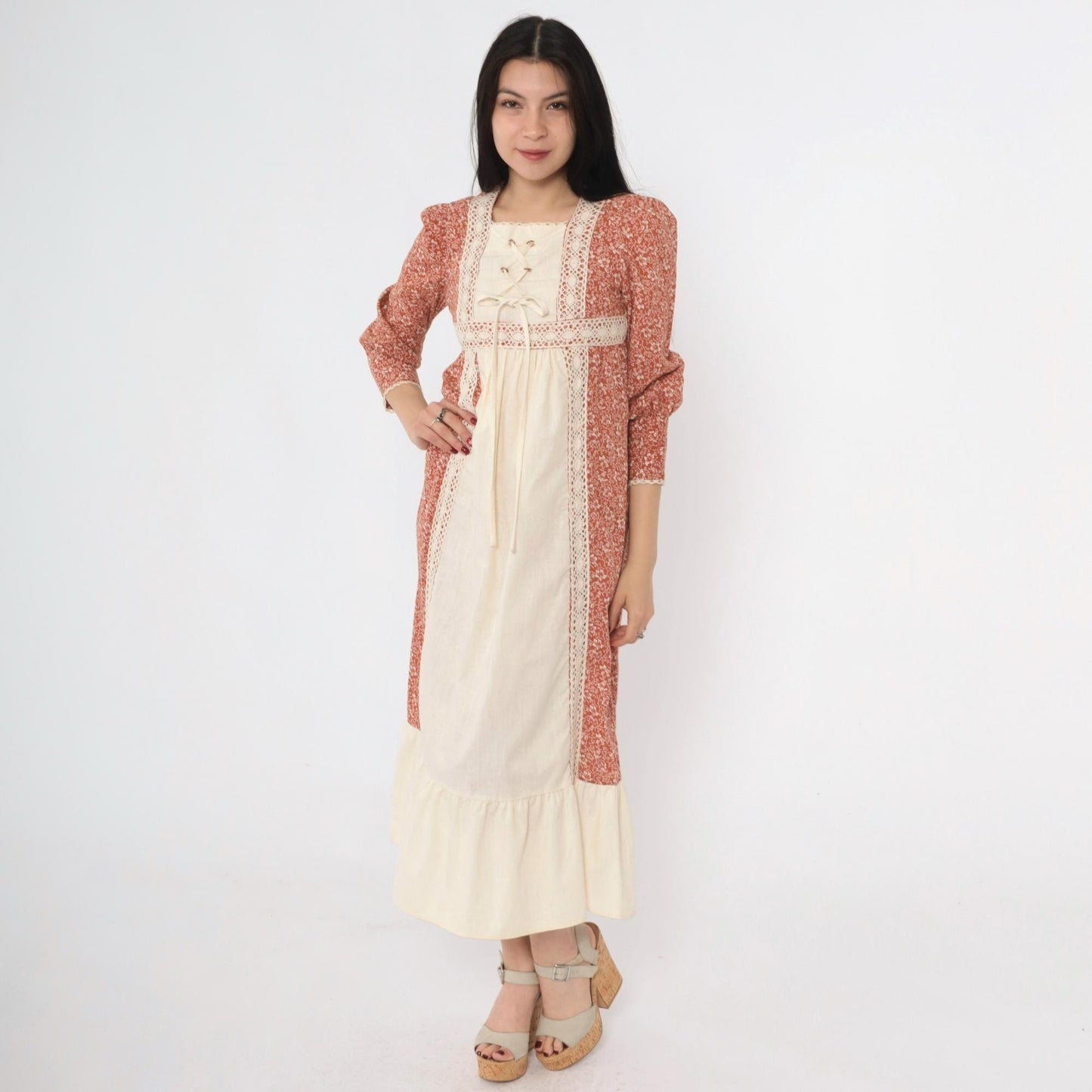 70s Prairie Dress Burnt Orange Calico Floral Midi Puff Sleeve Lace-Up Small