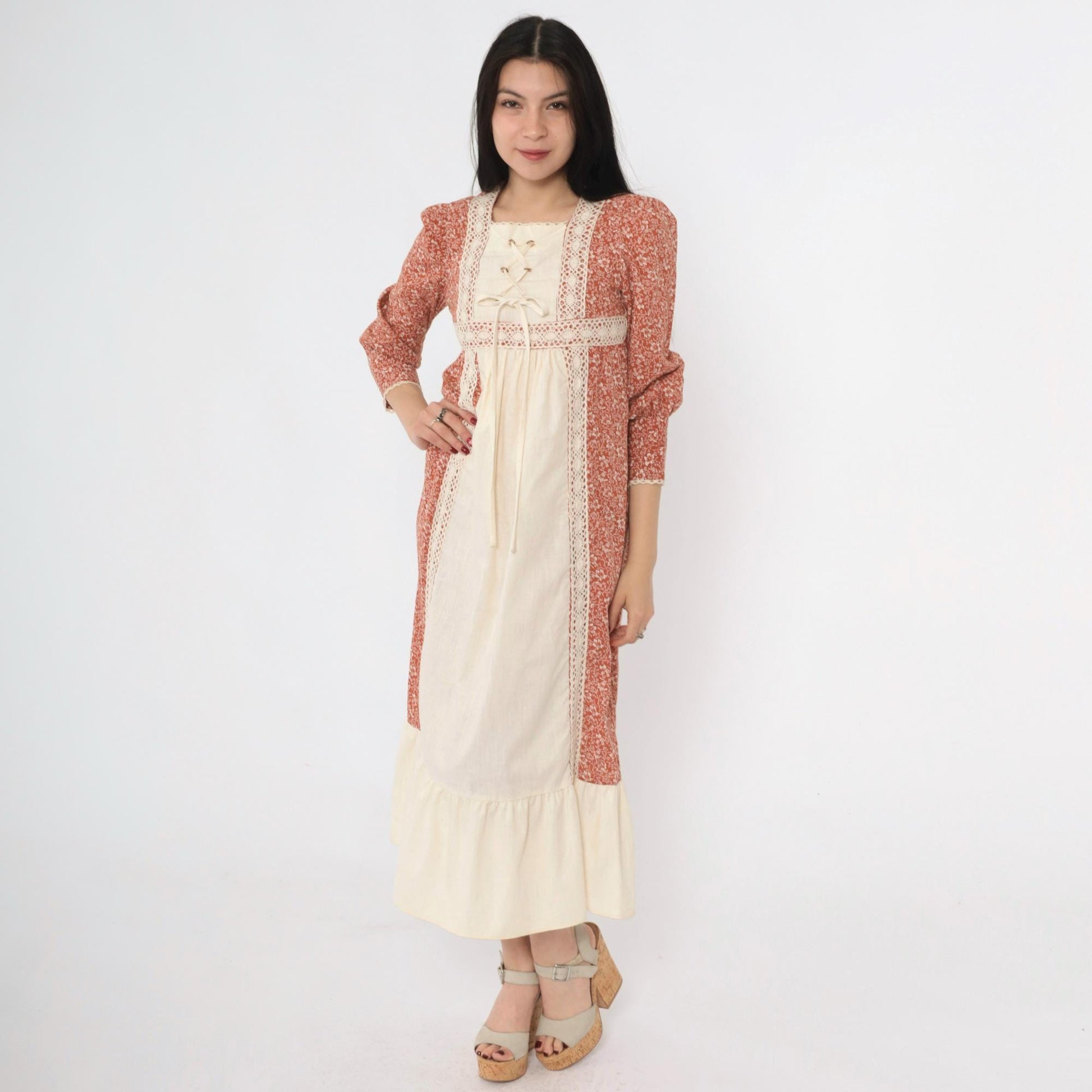 70s Prairie Dress Burnt Orange Calico Floral Midi Puff Sleeve Lace-Up Small