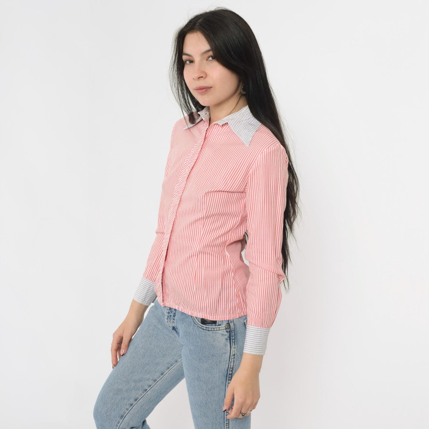 70s Red White Striped Button Up Blouse Dagger Collar Long Sleeve Extra Small