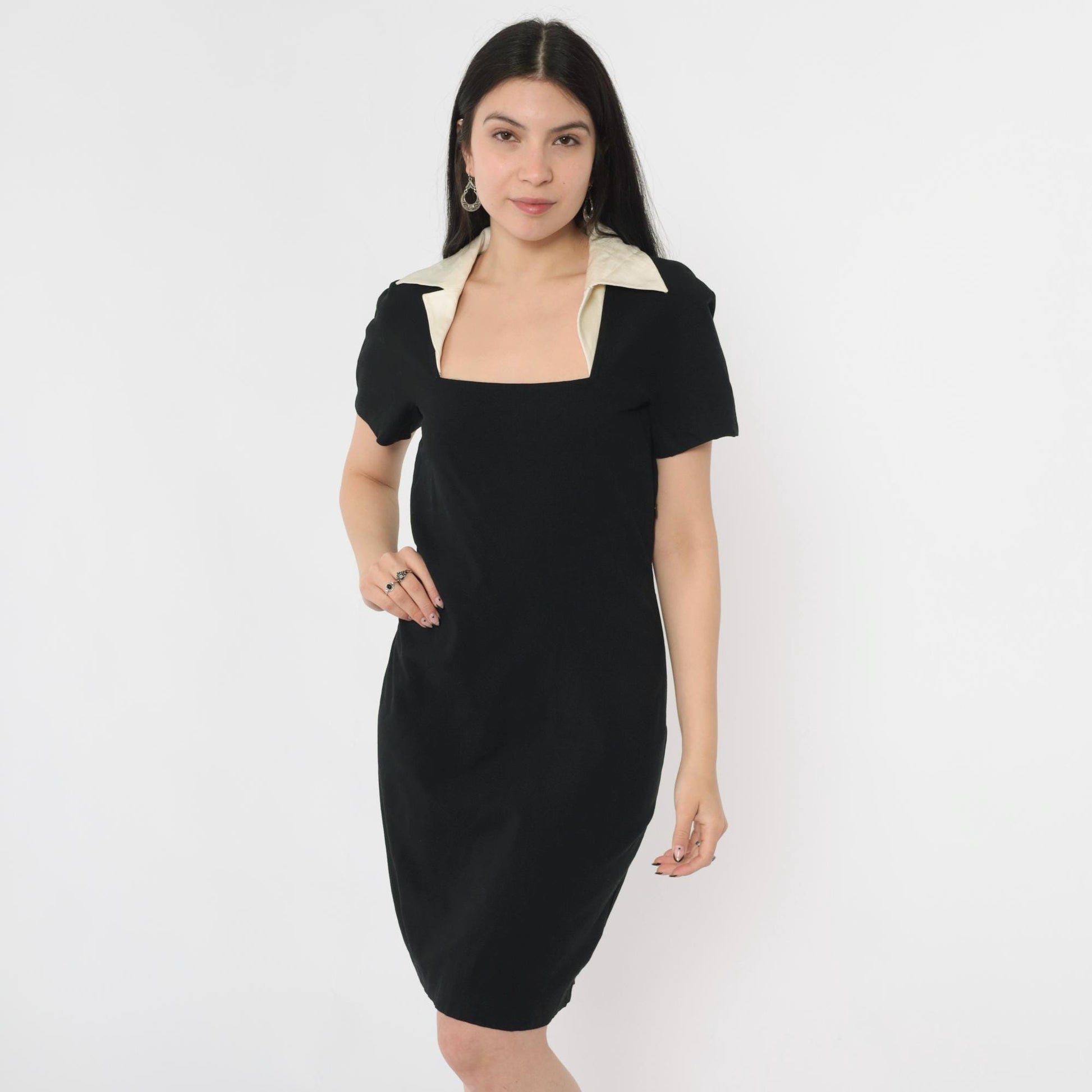 90s Mariella Burani Black Mini Dress Wool Blend Square Neck Medium M