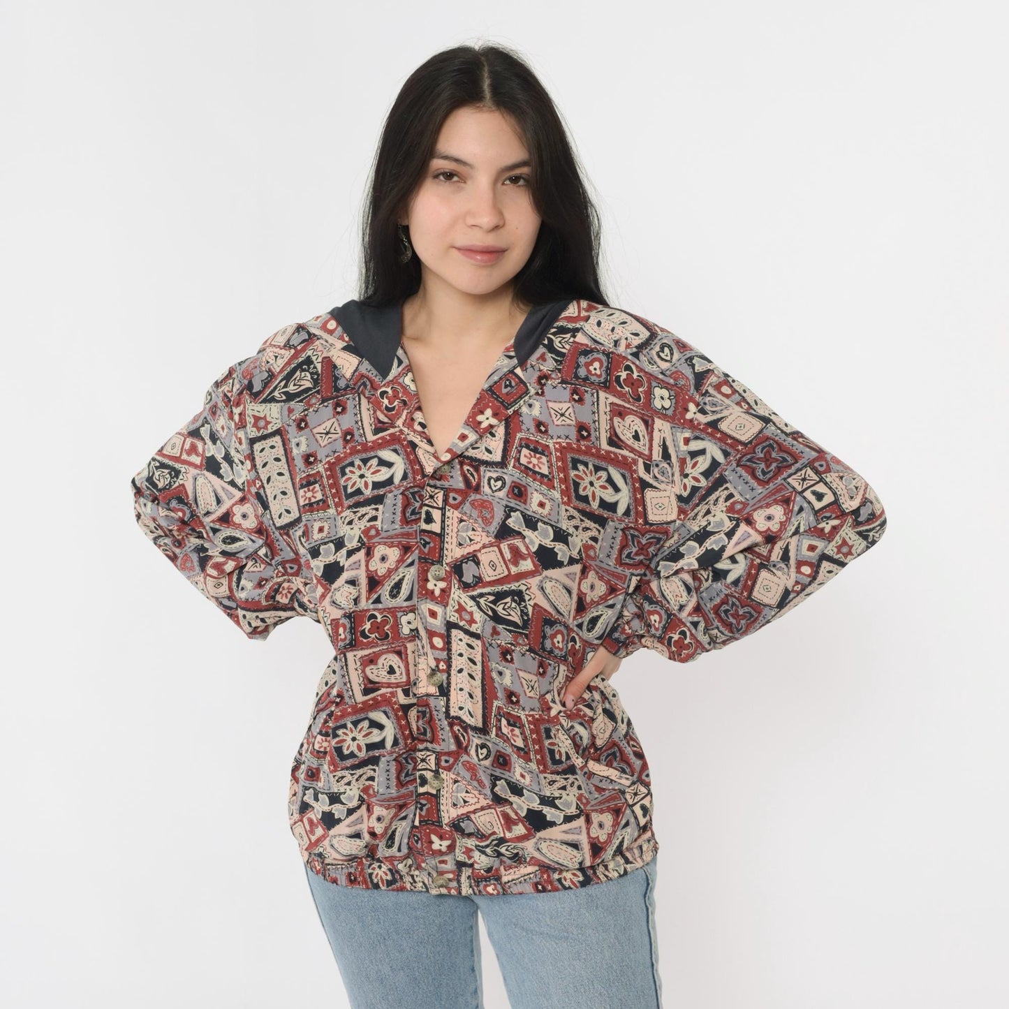 90s Patchwork Hooded Windbreaker Jacket Hearts Floral Rust Red Large L