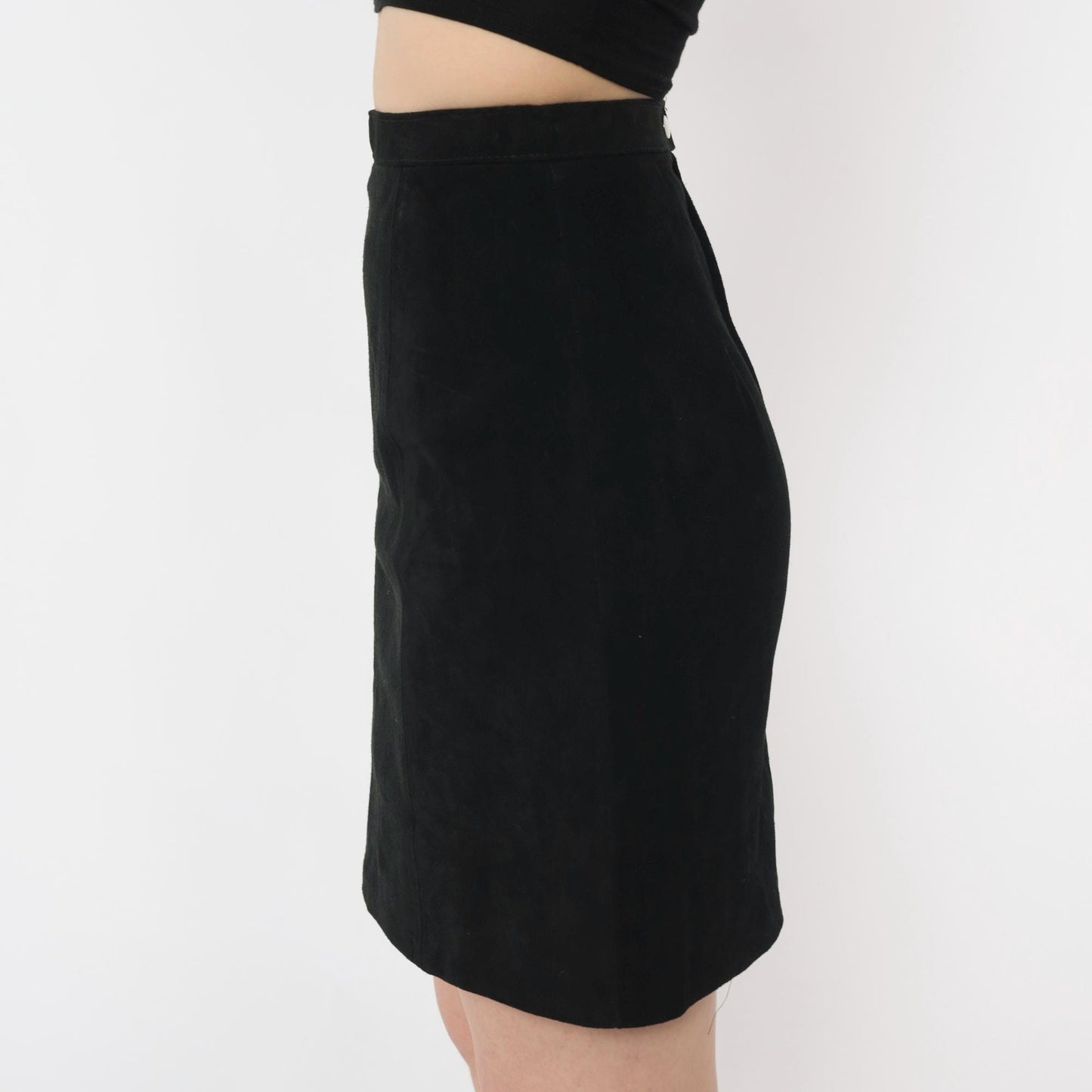 80s Black Suede Mini Skirt High Waist Bodycon Leather Extra Small