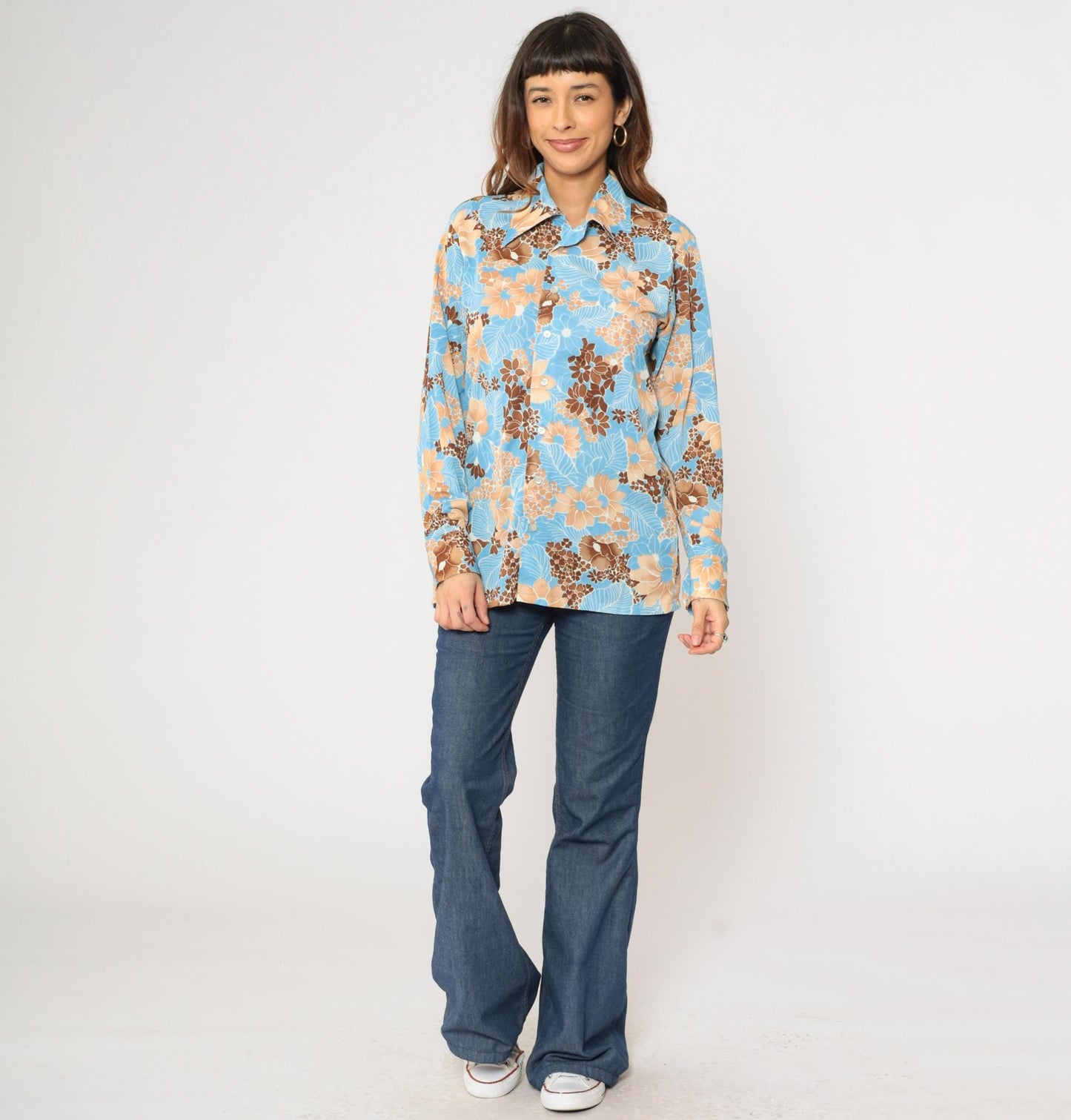 70s Prince Igor Floral Button-Up Shirt Blue Brown Tan Dagger Collar Medium