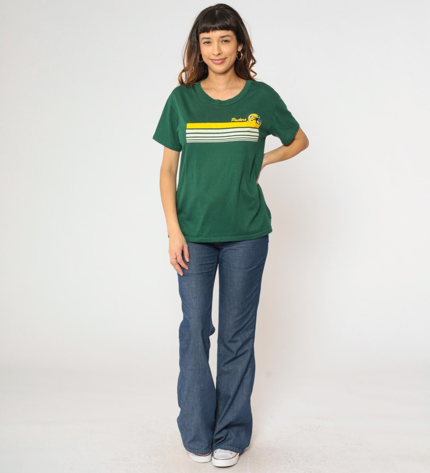80s Green Bay Packers Graphic T-Shirt Deep Green Striped NFL Football Tee Large