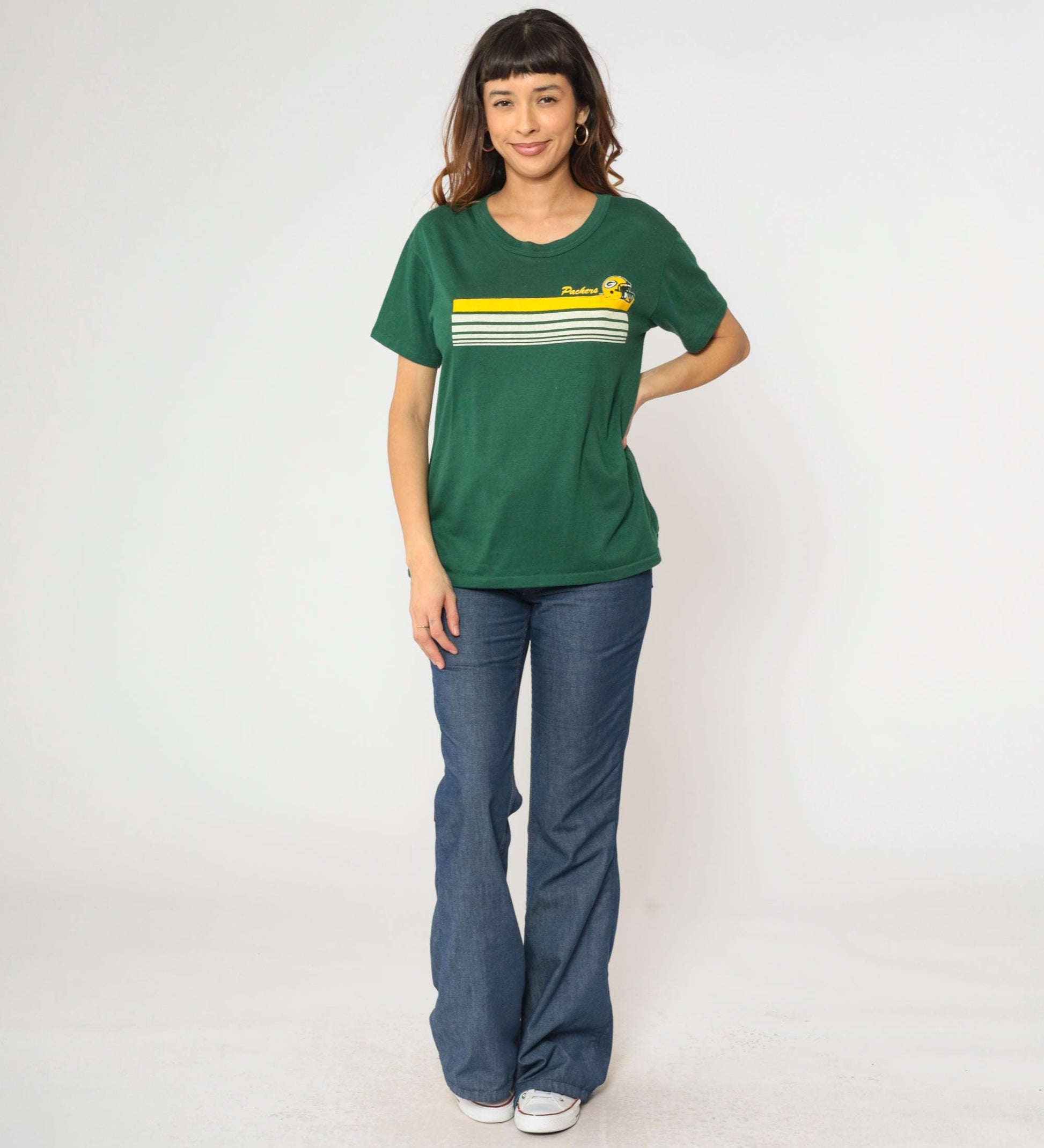 80s Green Bay Packers Graphic T-Shirt Deep Green Striped NFL Football Tee Large