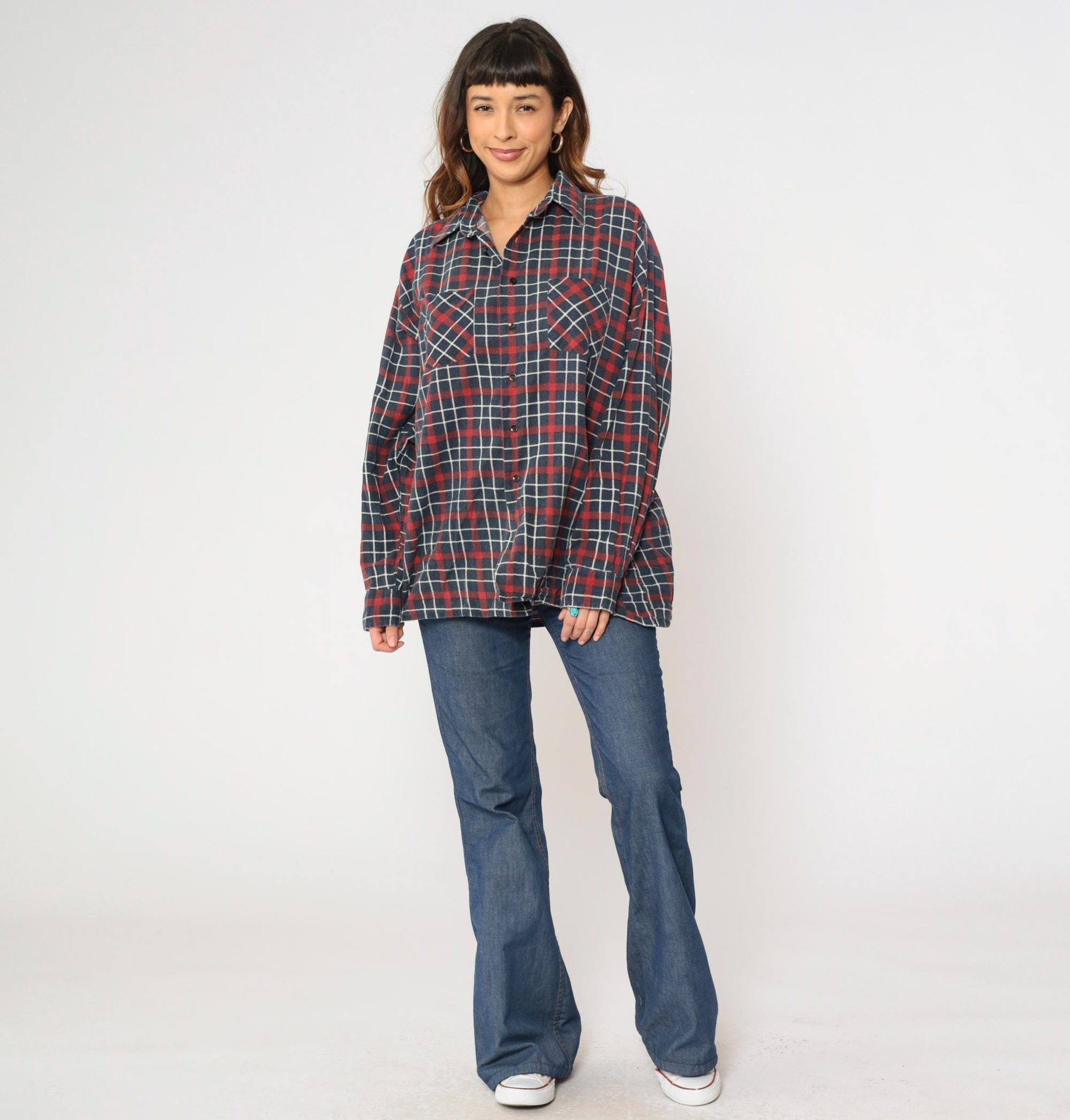 90s Saugatuck Drygoods Plaid Flannel Shirt Red Blue Cotton Button Up Extra Large