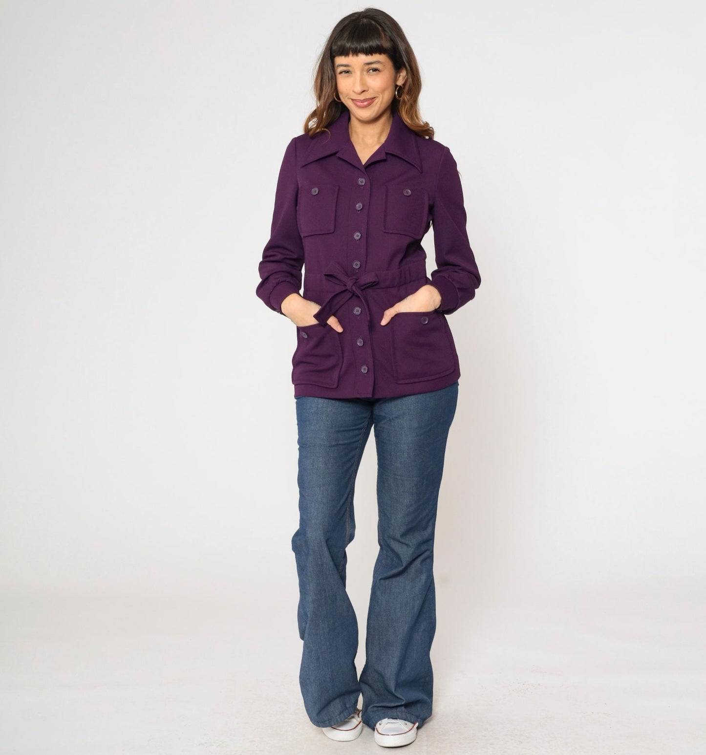 70s Purple Safari Jacket Wide Collar Belted Utility Pockets Small