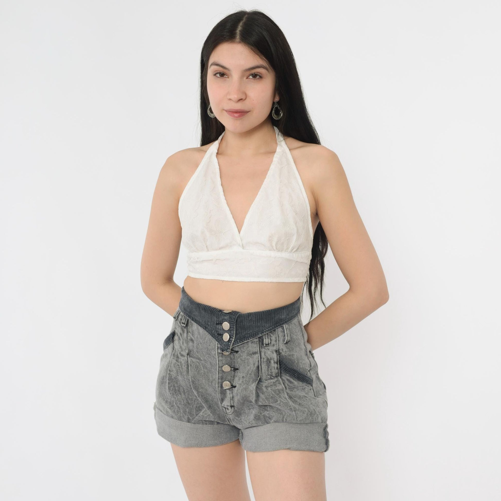80s Grey Acid Wash Denim Shorts High Rise Pleated Button Fly Extra Small