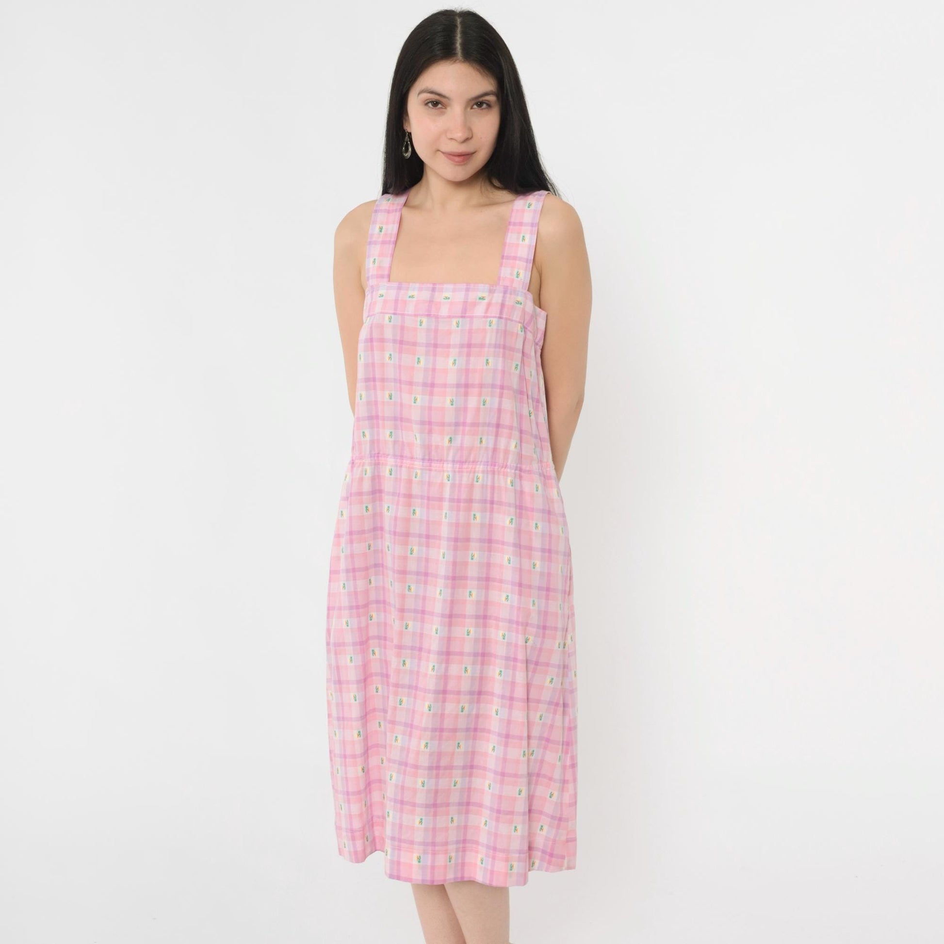 80s Pink Purple Plaid Midi Sundress Embroidered Palm Trees Sleeveless Small