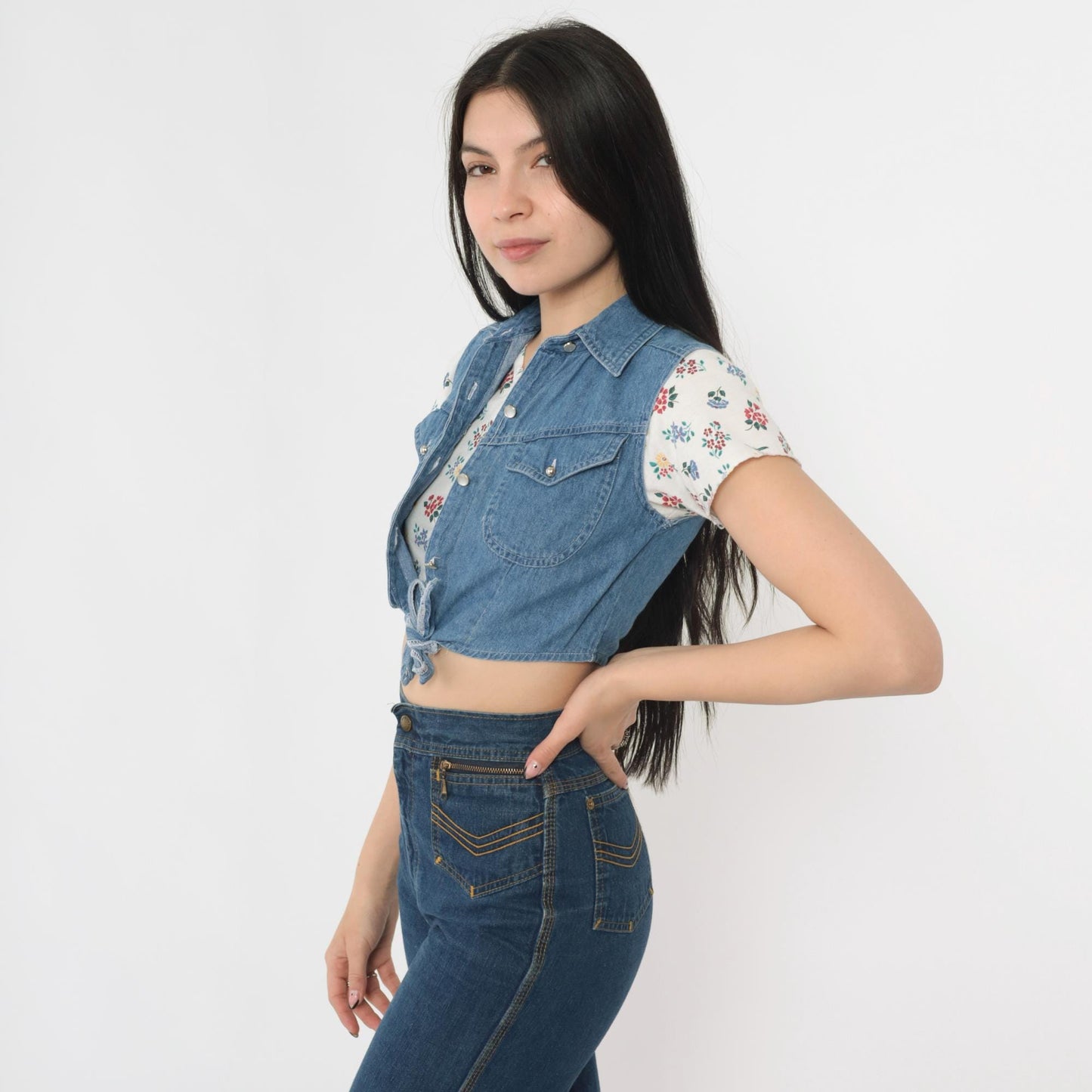 90s Floral Crop Top With Attached Denim Vest Button Up Blouse White XXS