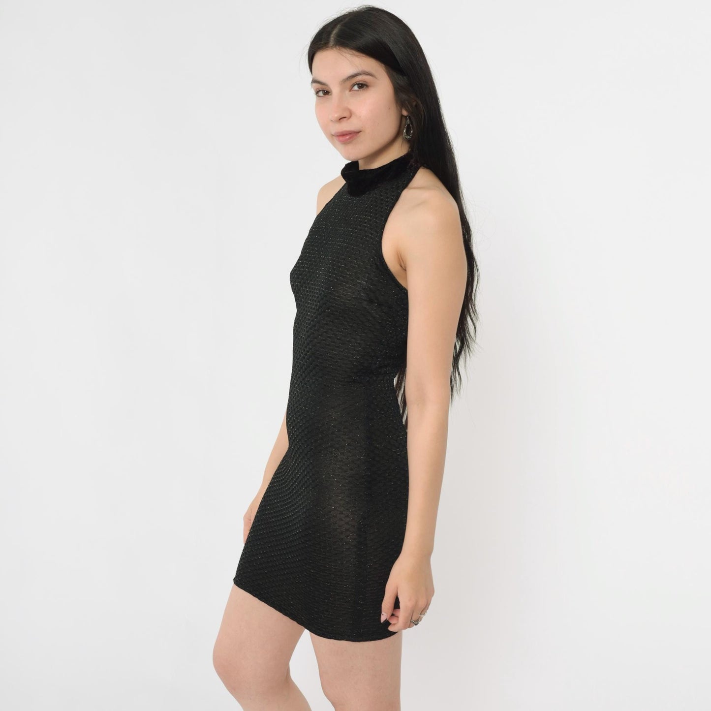 90s Black Metallic Bodycon Mini Dress Velvet Halter Sleeveless Extra Small