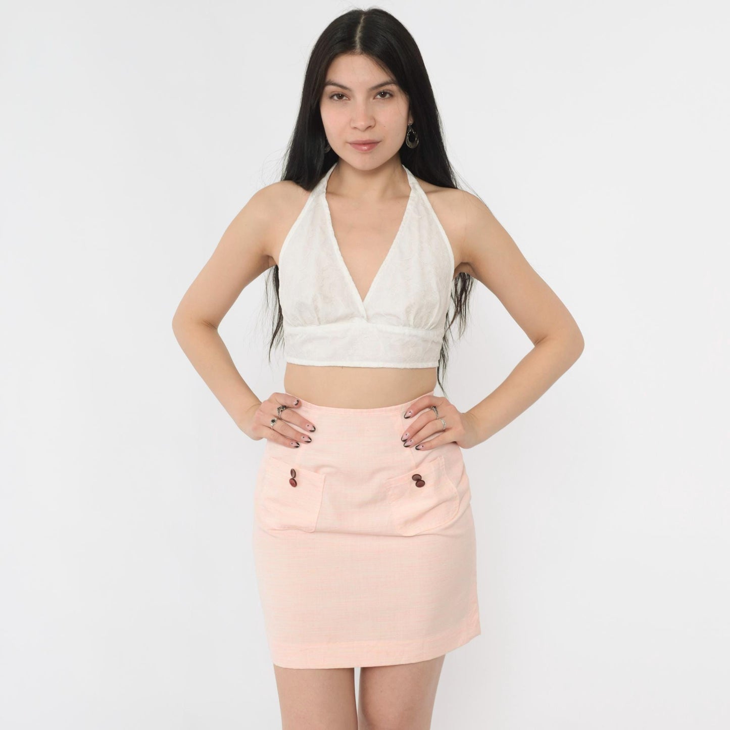 60s Pink Mini Skirt High Waist Mod Pencil Cut Pockets Extra Small