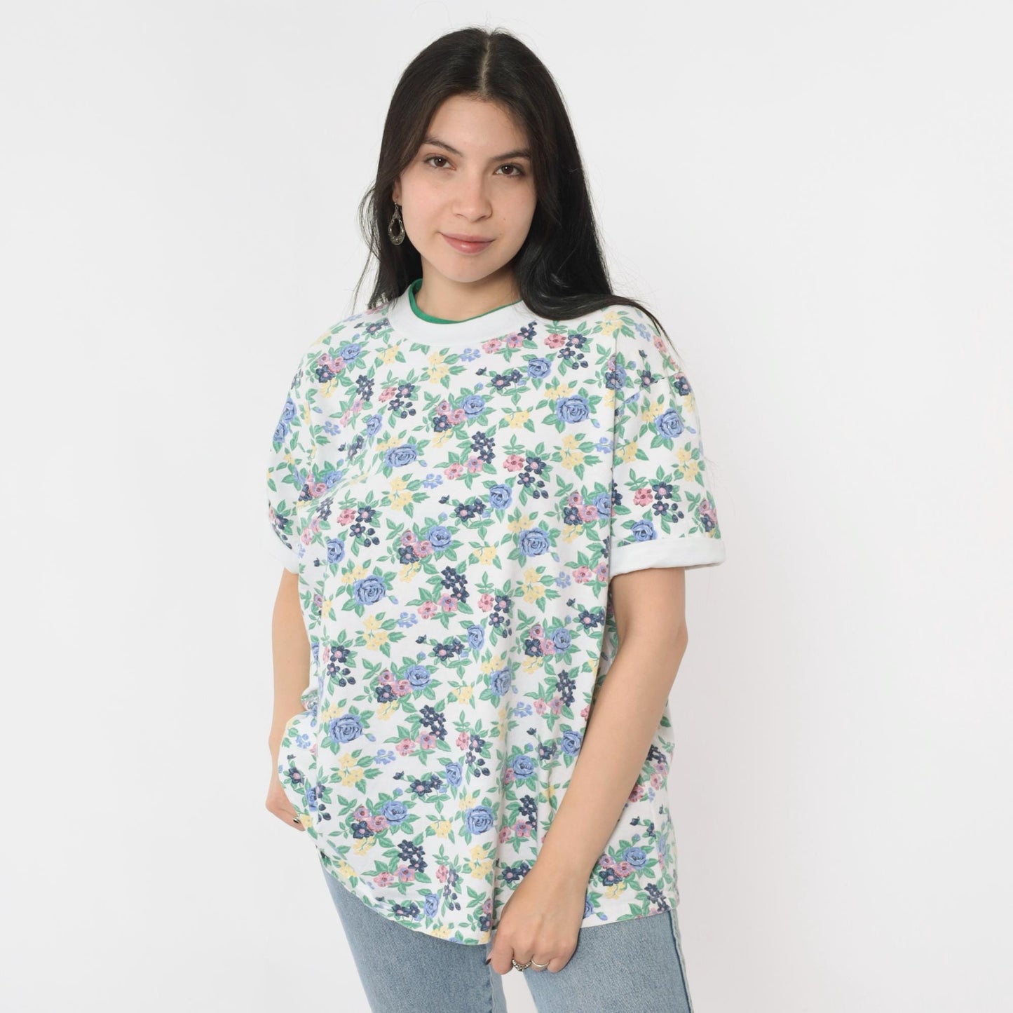 90s Floral Ringer Tee White Green Blue Rose Graphic Cuffed Sleeve Extra Large