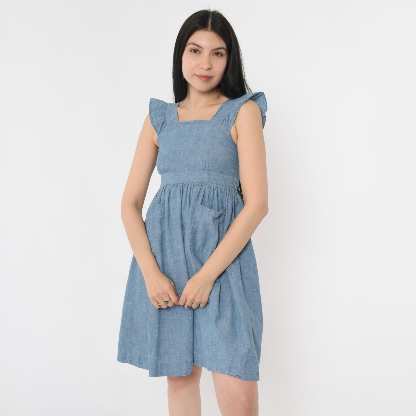 90s Chambray Mini Sundress Blue Square Neck Ruffle Sleeves Button Back 2XS