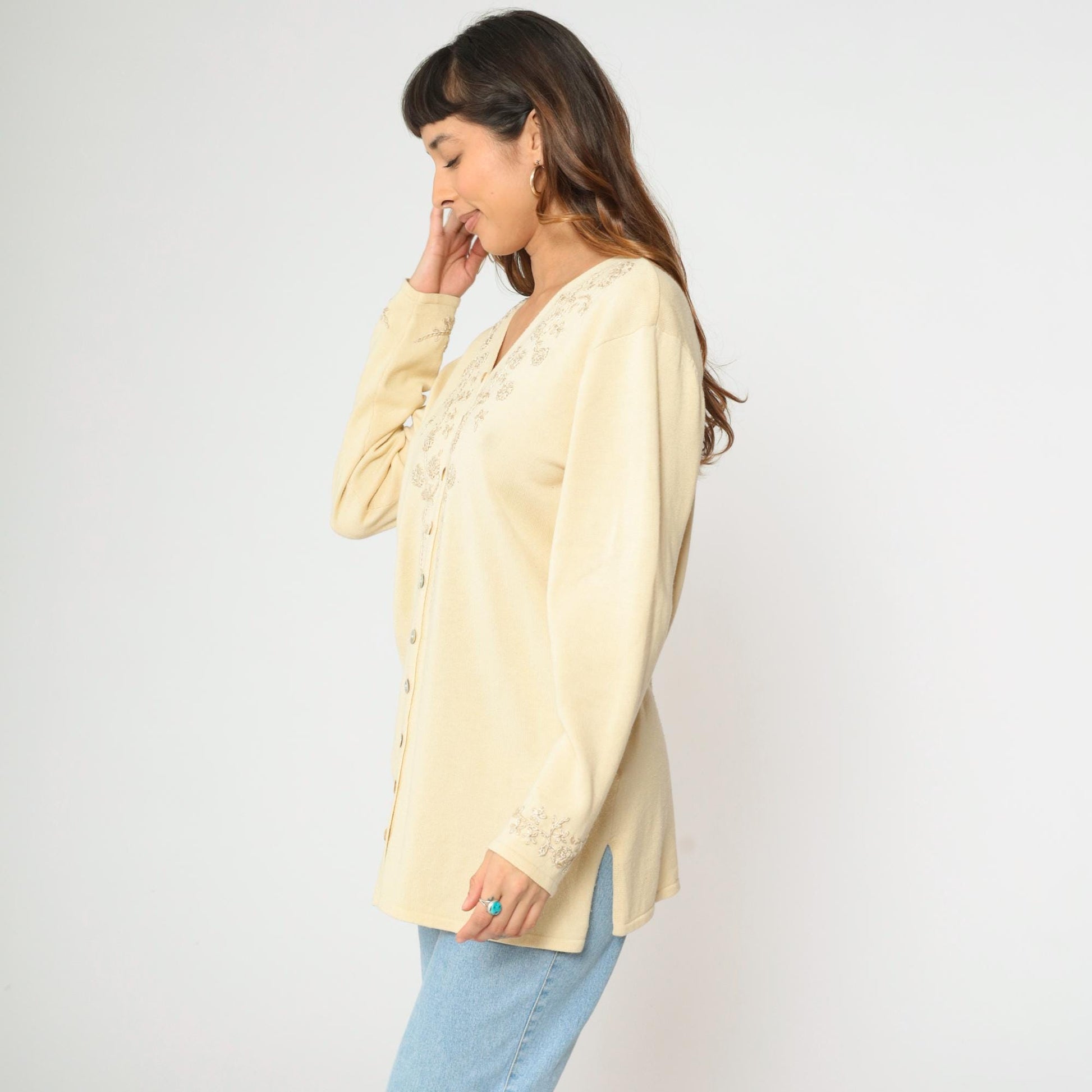 90s Cream Floral Embroidered Cardigan Sweater Longline V Neck Large L