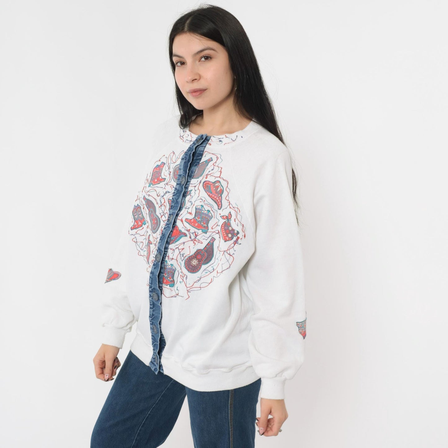 90s Western Cardigan Sweatshirt White Cowboy Boot Guitar Hat Applique Extra Large