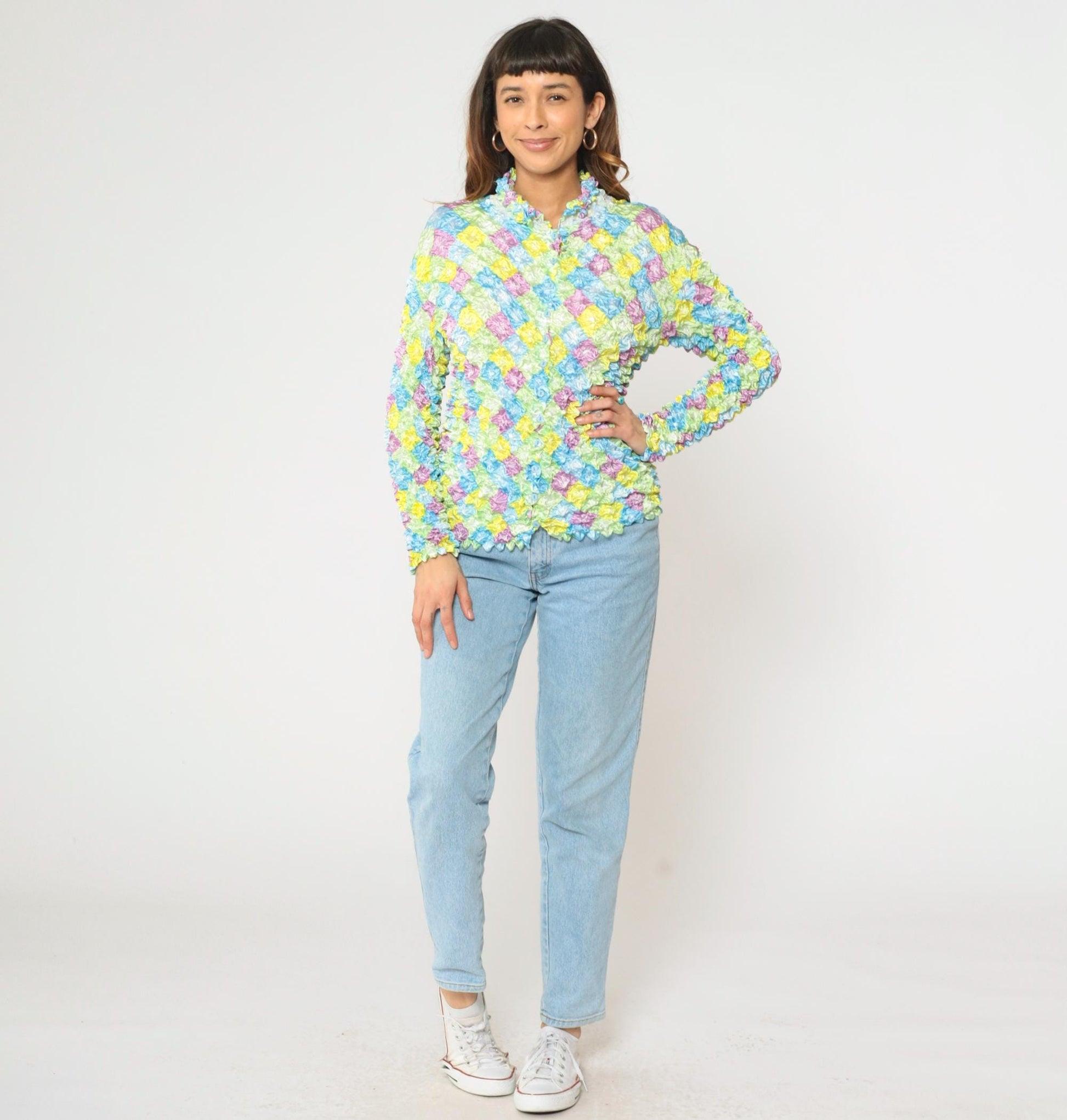 Y2K Pastel Harlequin Diamond Popcorn Shirt Crinkle Stretch Button Up Small