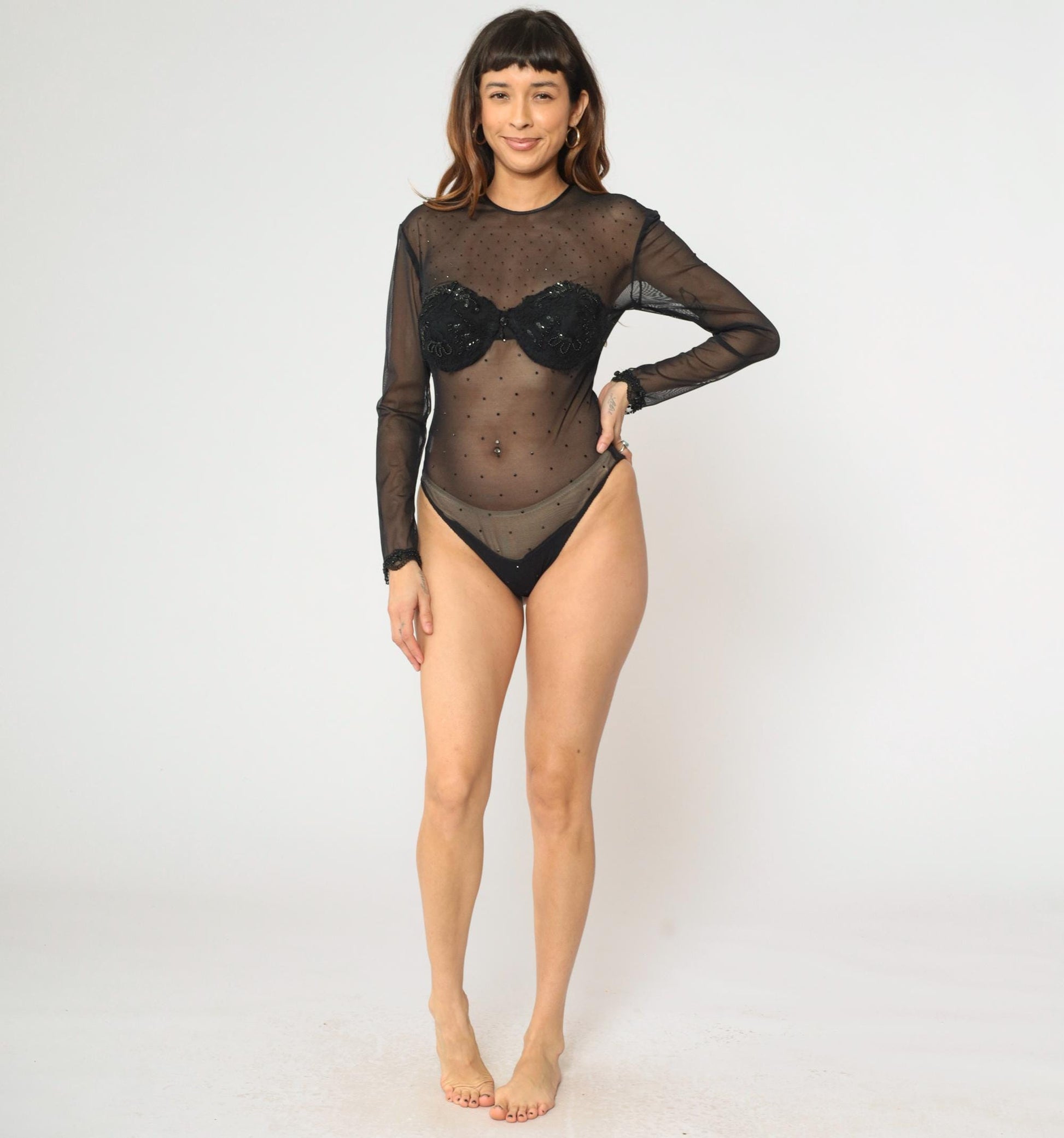 90s Black Mesh Sequin Bustier Bodysuit Long Sleeve High Cut Large