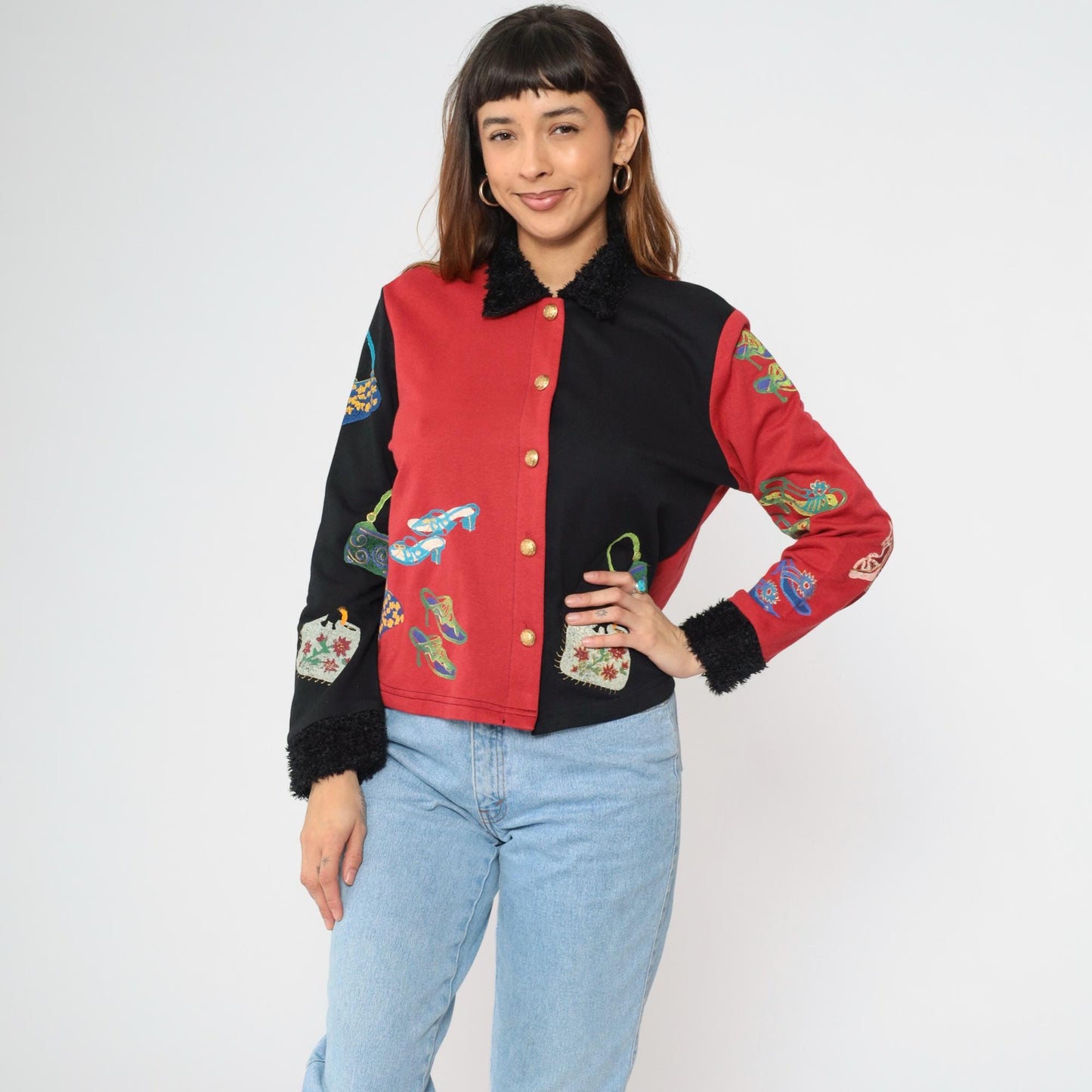 Y2K Shoe Handbag Print Jacket Black Red Color Block Fuzzy Collar Medium M