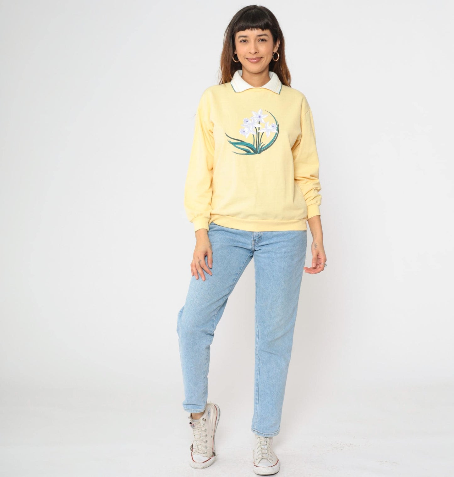 90s Yellow Floral Collared Sweatshirt Graphic Crewneck Medium M