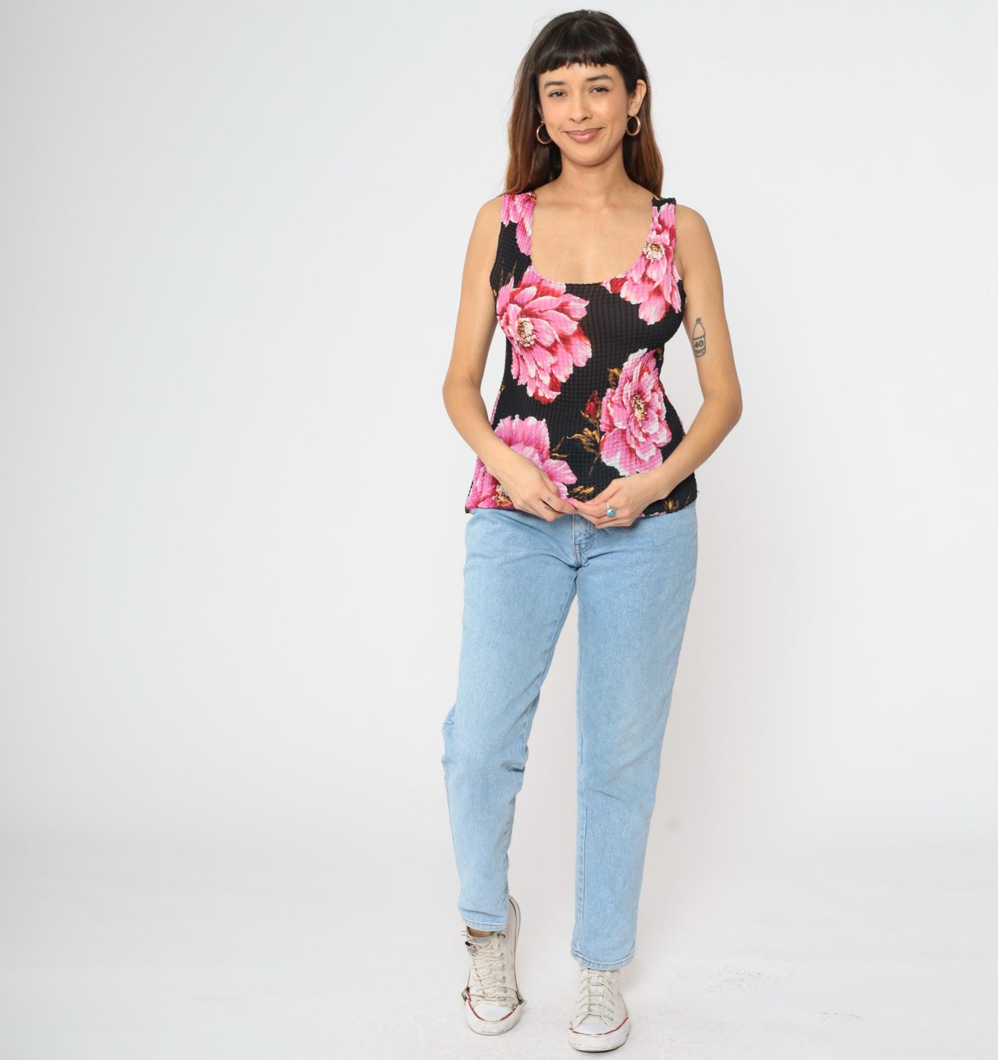 Y2K Floral Popcorn Tank Top Black Pink Scoop Neck Sleeveless Medium