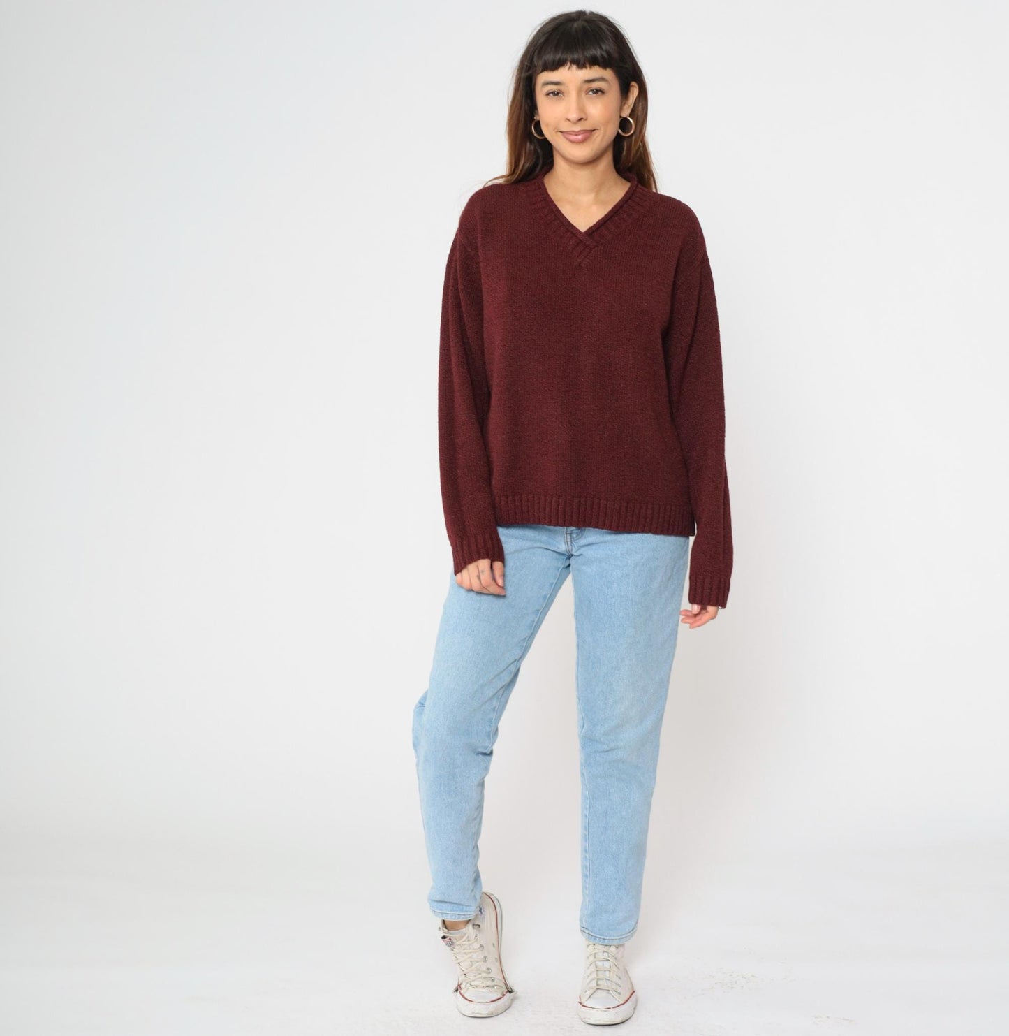 90s Burgundy V-Neck Knit Sweater Pullover Medium M