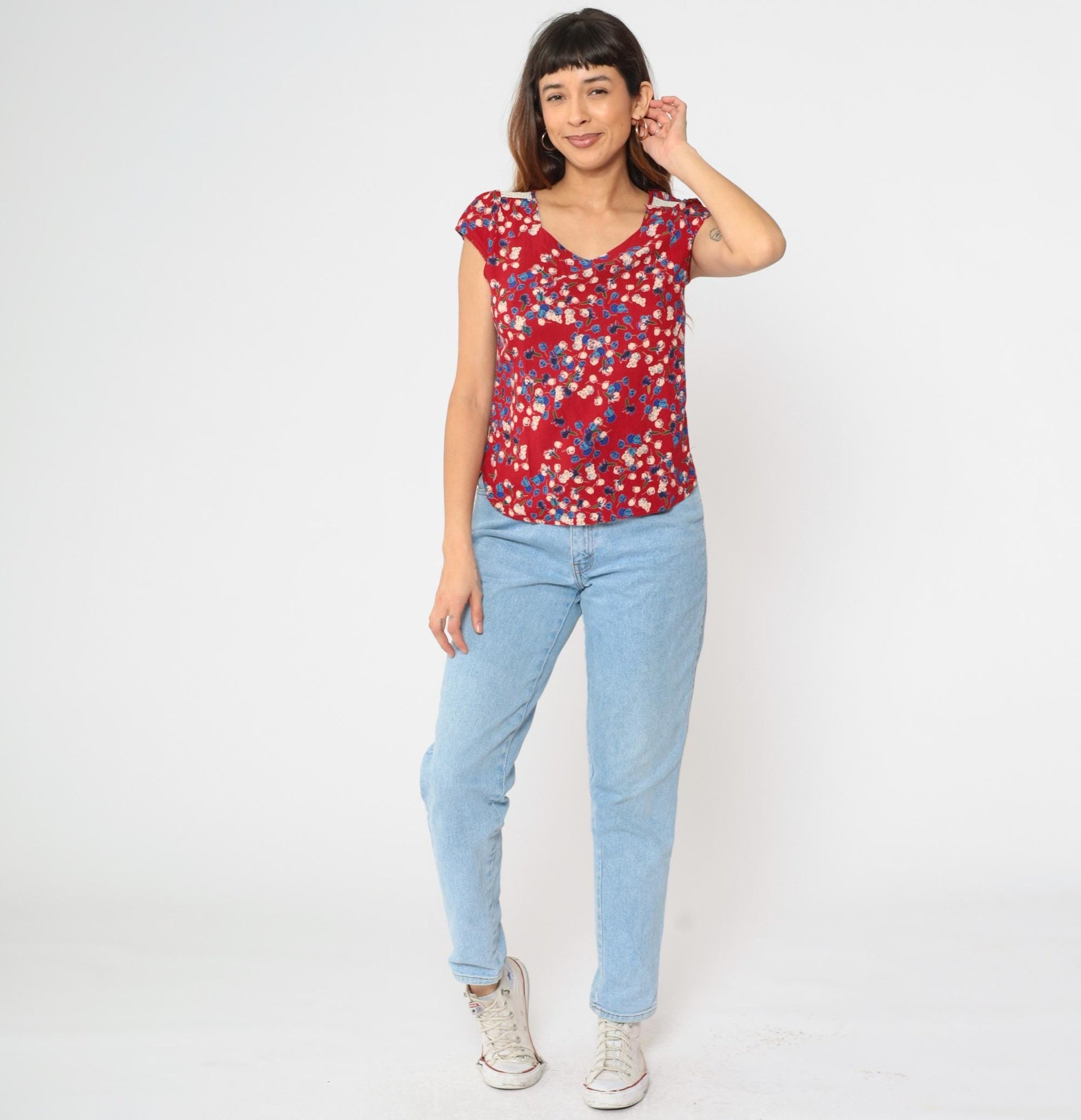 Y2K Red Floral Blouse Lace Trim Puff Sleeve Scoop Neck Extra Small