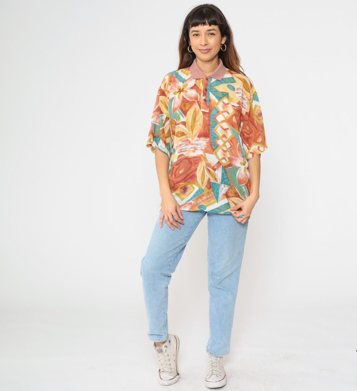 Y2K Tropical Floral Polo Shirt Multicolor Abstract Print Orange Large