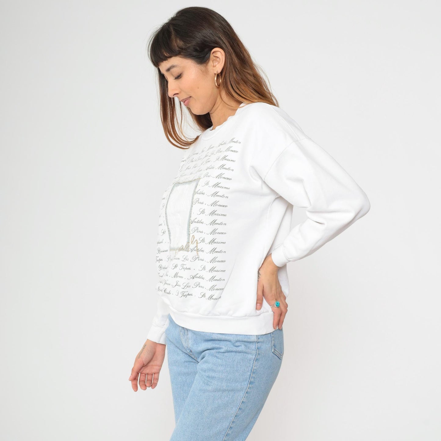 90s French Riviera Sweatshirt White Palm Tree Beach Print Crewneck Large L