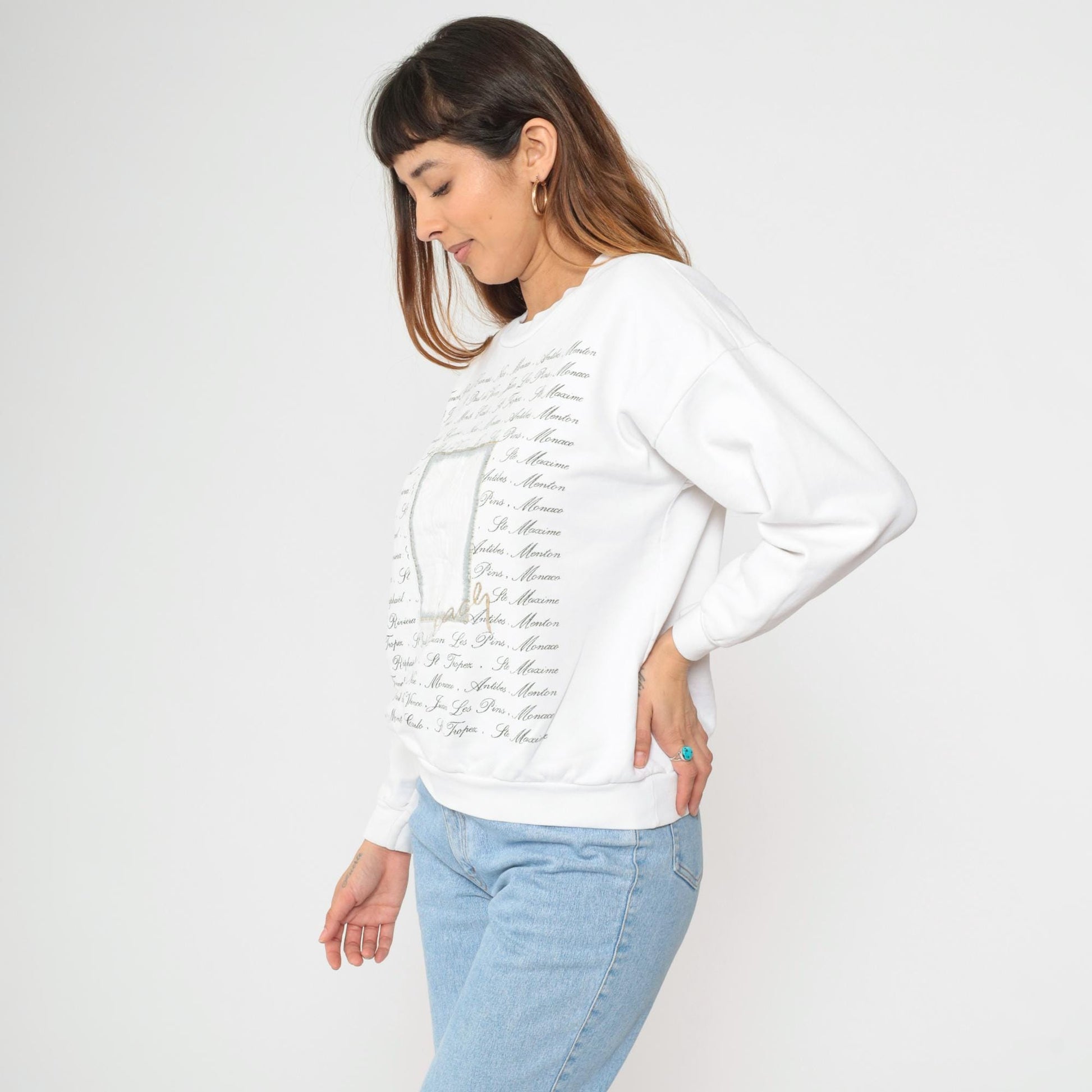 90s French Riviera Sweatshirt White Palm Tree Beach Print Crewneck Large L