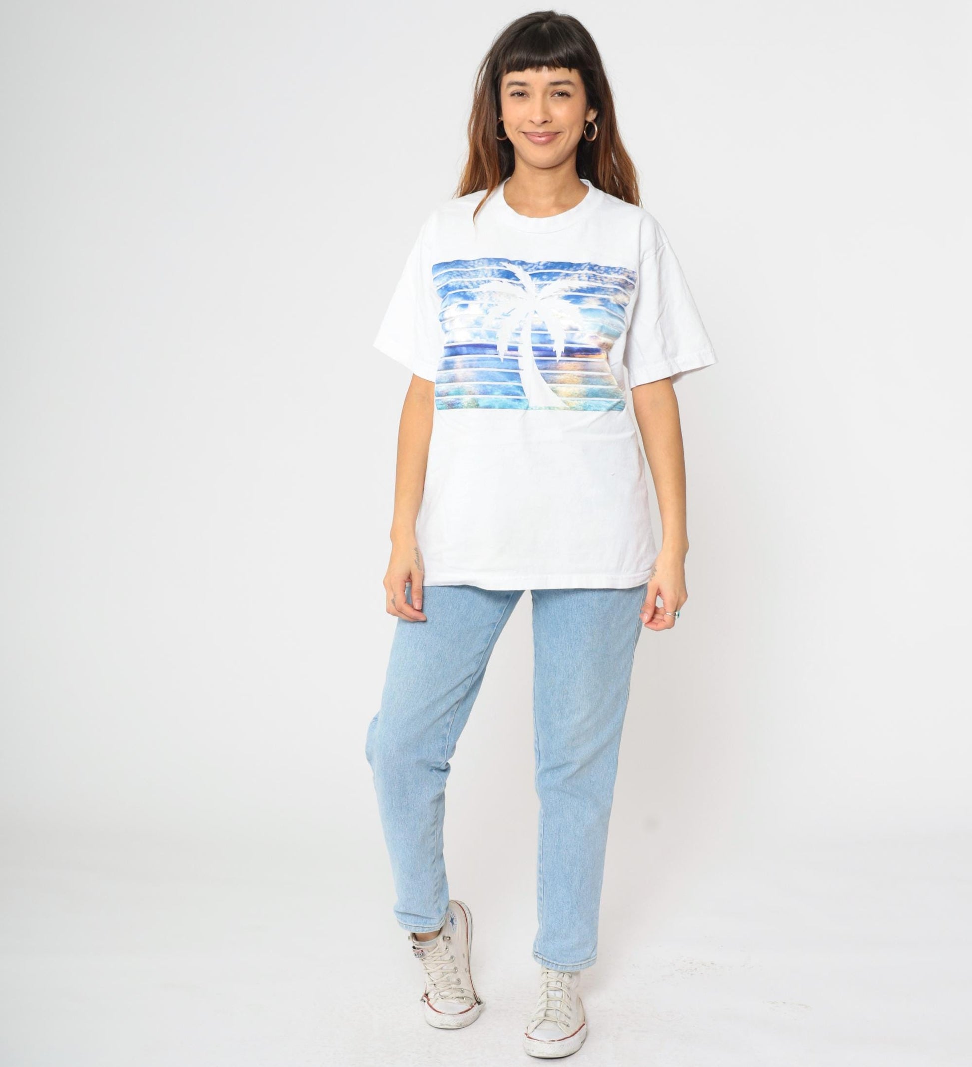 90s Palm Tree Sunset Graphic T-Shirt White Cotton Crew Neck Large L