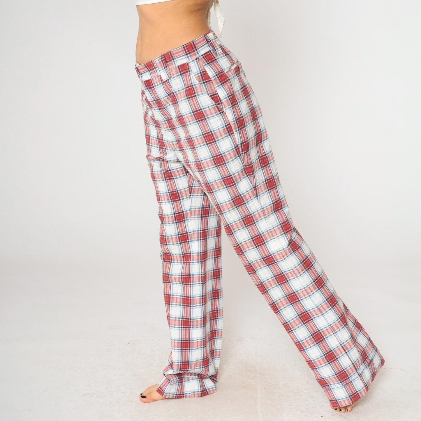 70s Haggar Plaid Trousers Red White Blue High Waisted Straight Leg Men's 34