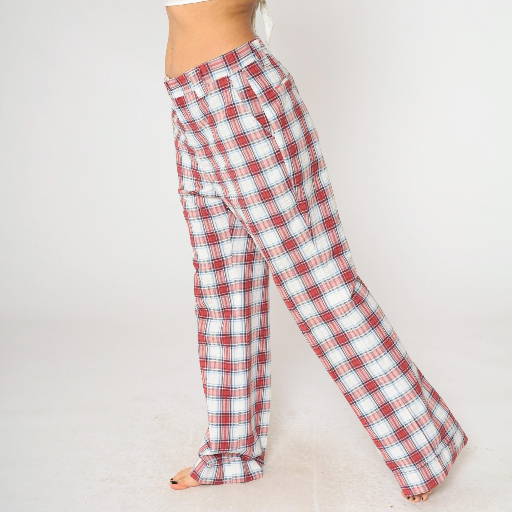 70s Haggar Plaid Trousers Red White Blue High Waisted Straight Leg Men's 34