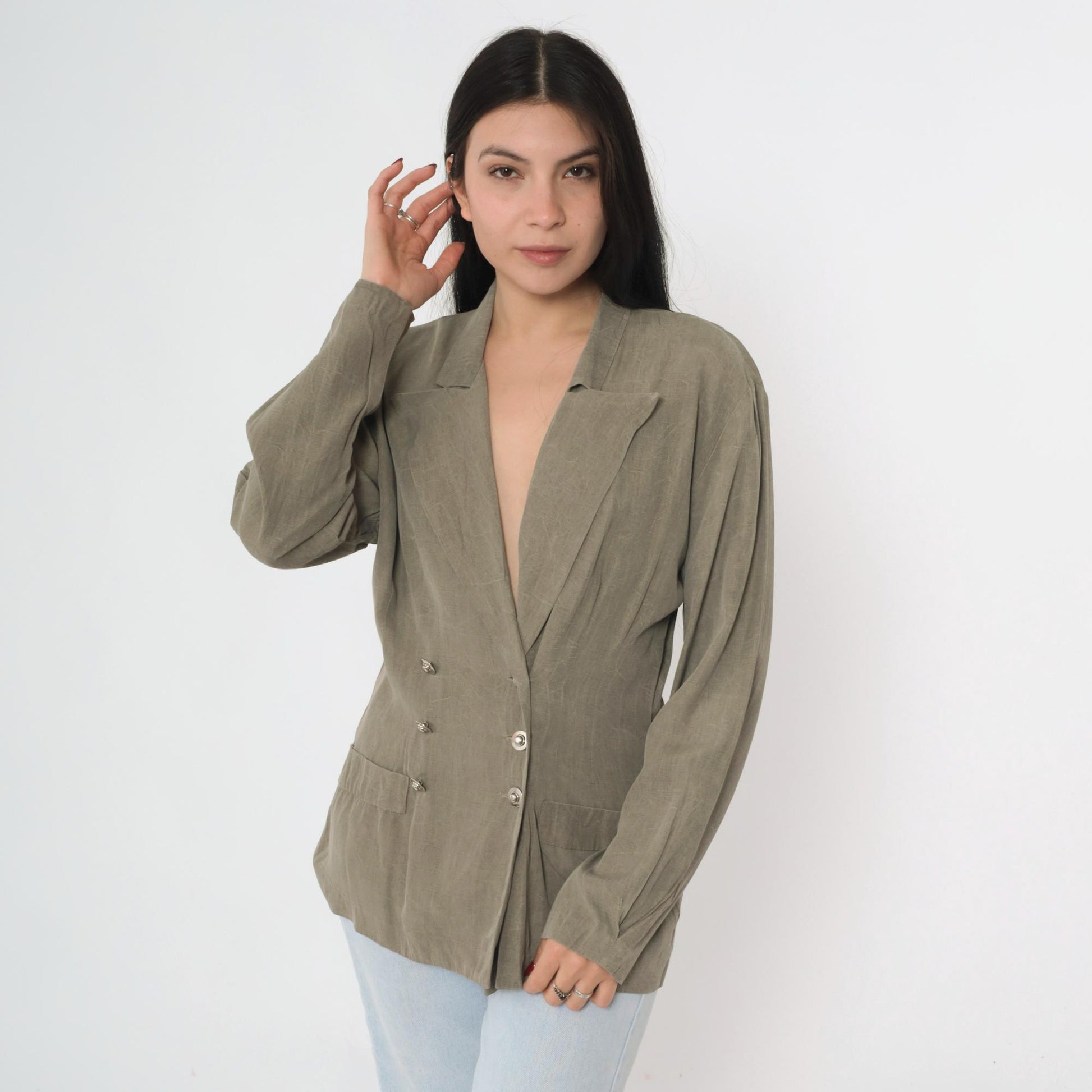 80s Blondie and Me Double-Breasted Blazer Taupe Deep V-Neck Medium
