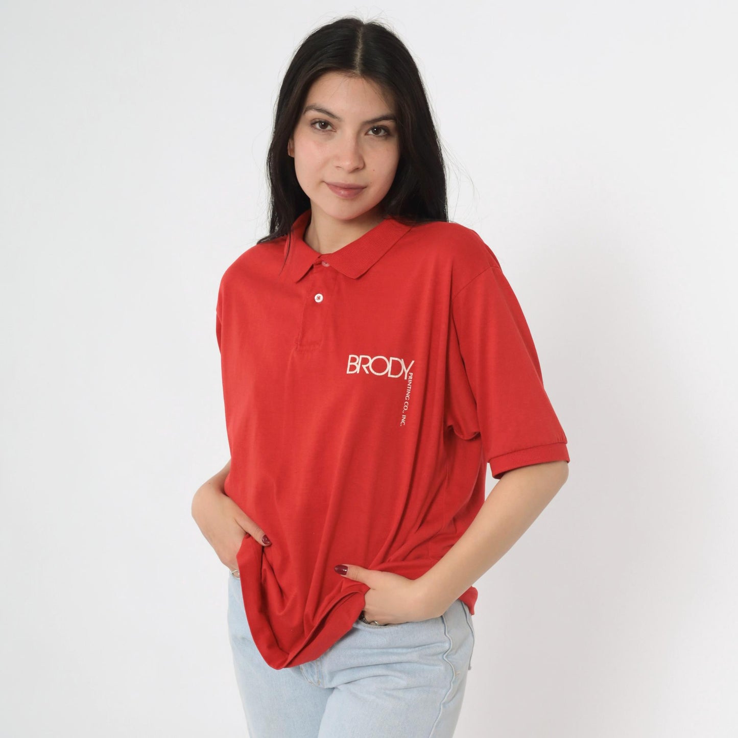 90s Hanes Brody Print Co Logo Polo Shirt Red Extra Large XL