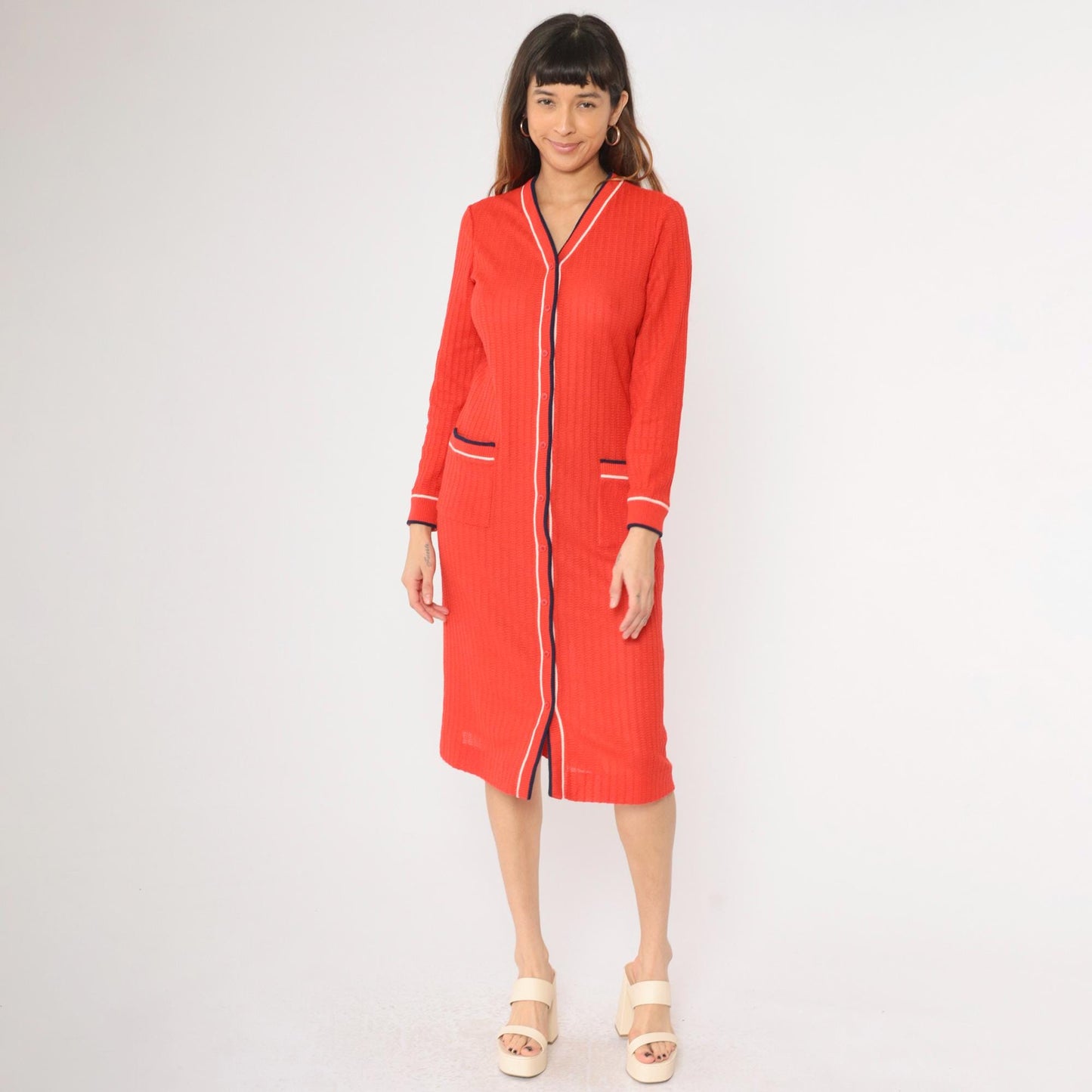 70s Red Knit Sweater Dress Striped Trim Button Front Midi Medium