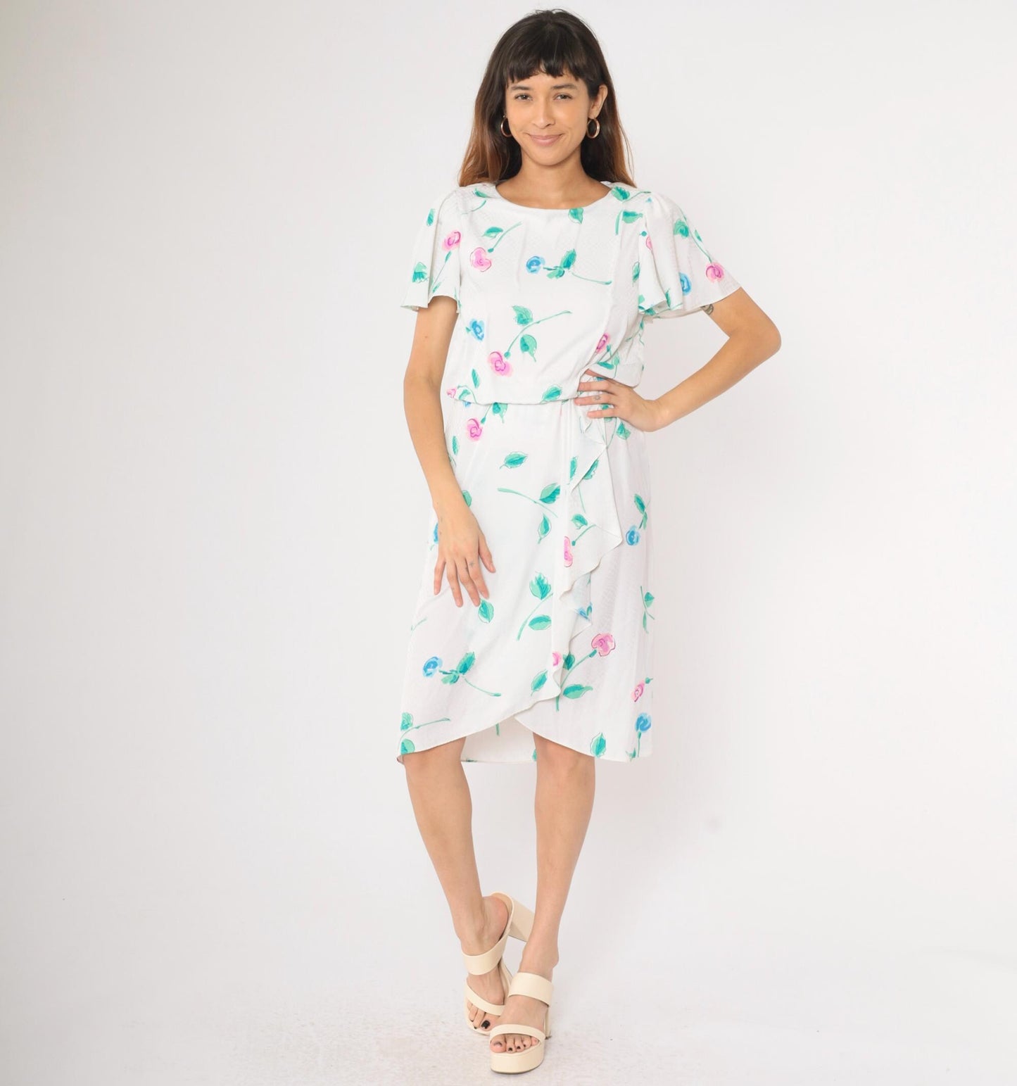 1970s Floral Checkered Jacquard Midi Dress White Flutter Sleeve Blouson Small