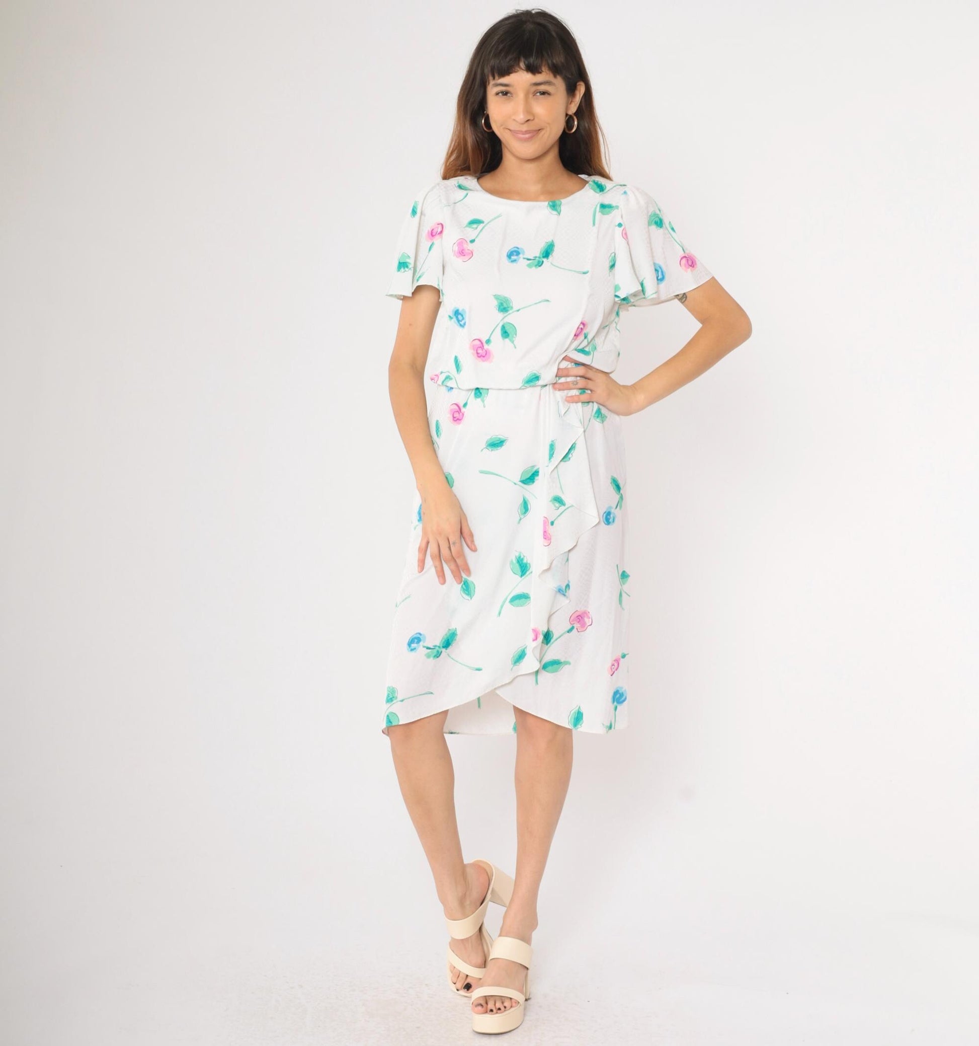 1970s Floral Checkered Jacquard Midi Dress White Flutter Sleeve Blouson Small