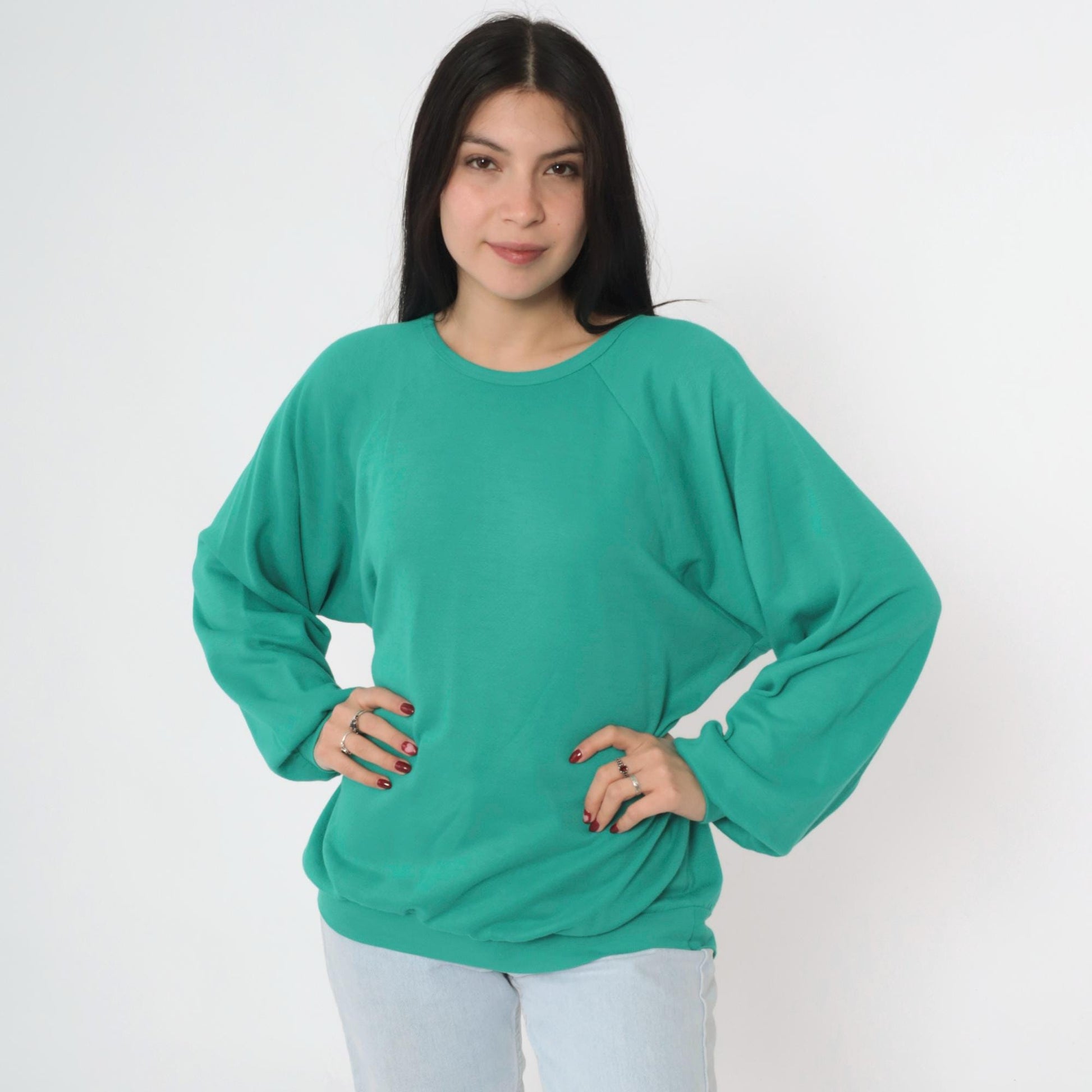 80s Green Crewneck Sweatshirt Raglan Sleeve Vintage Medium Large